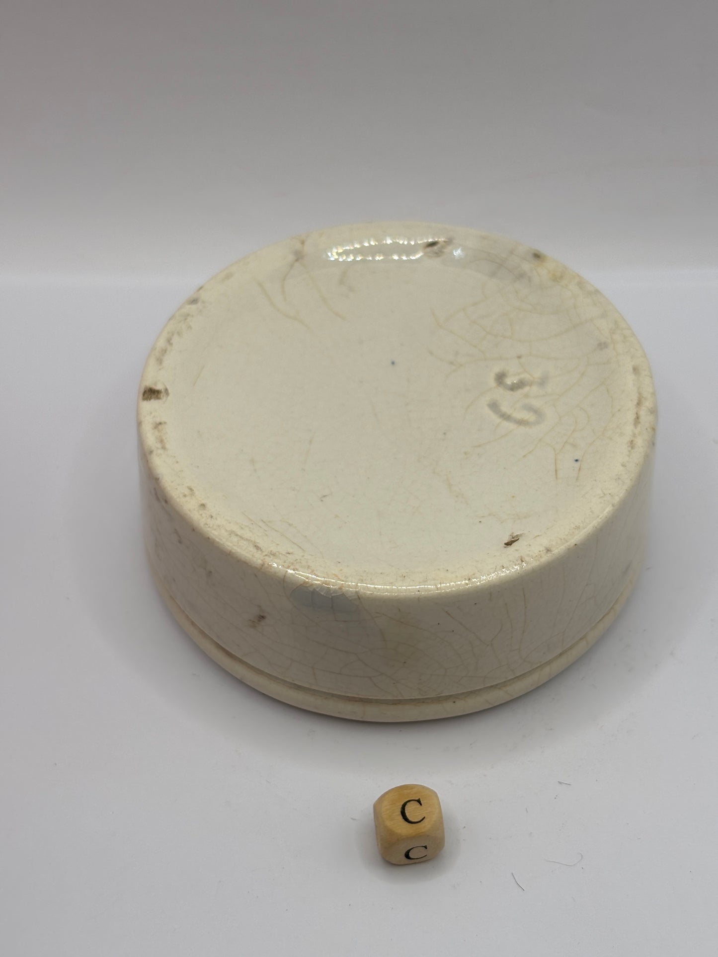 Old plain stoneware meat paste pot (c) stained & crazed
