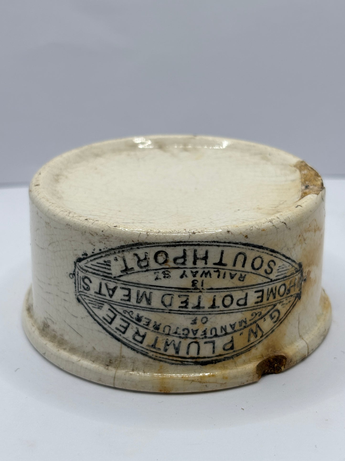 Plumtree home potted meats advertising pot. Damaged