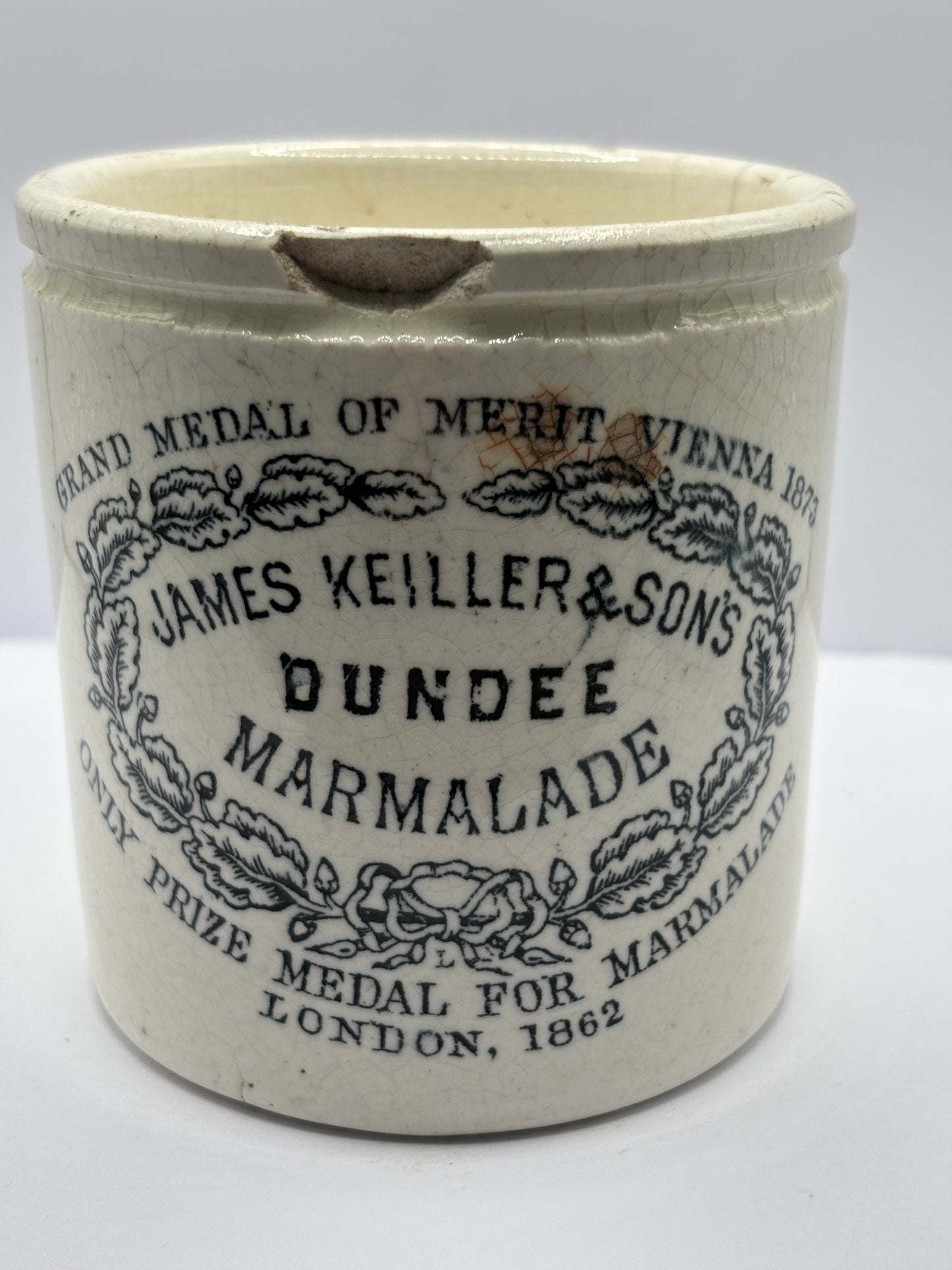 Old 1lb James Keiller Dundee marmalade jar damaged