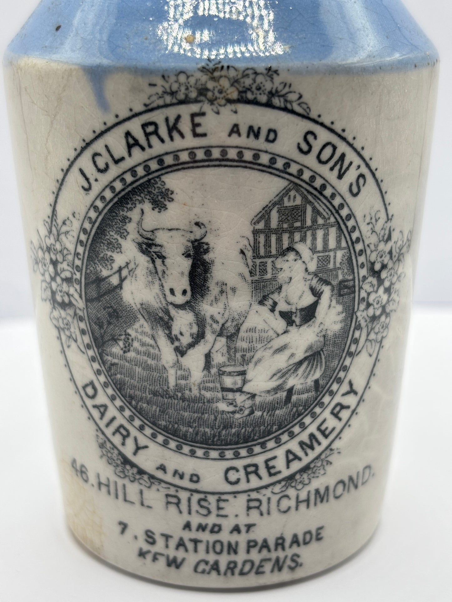Old stoneware advertising cream pot, J.Clarke & Sons Dairy & Creamery. Restoration project?