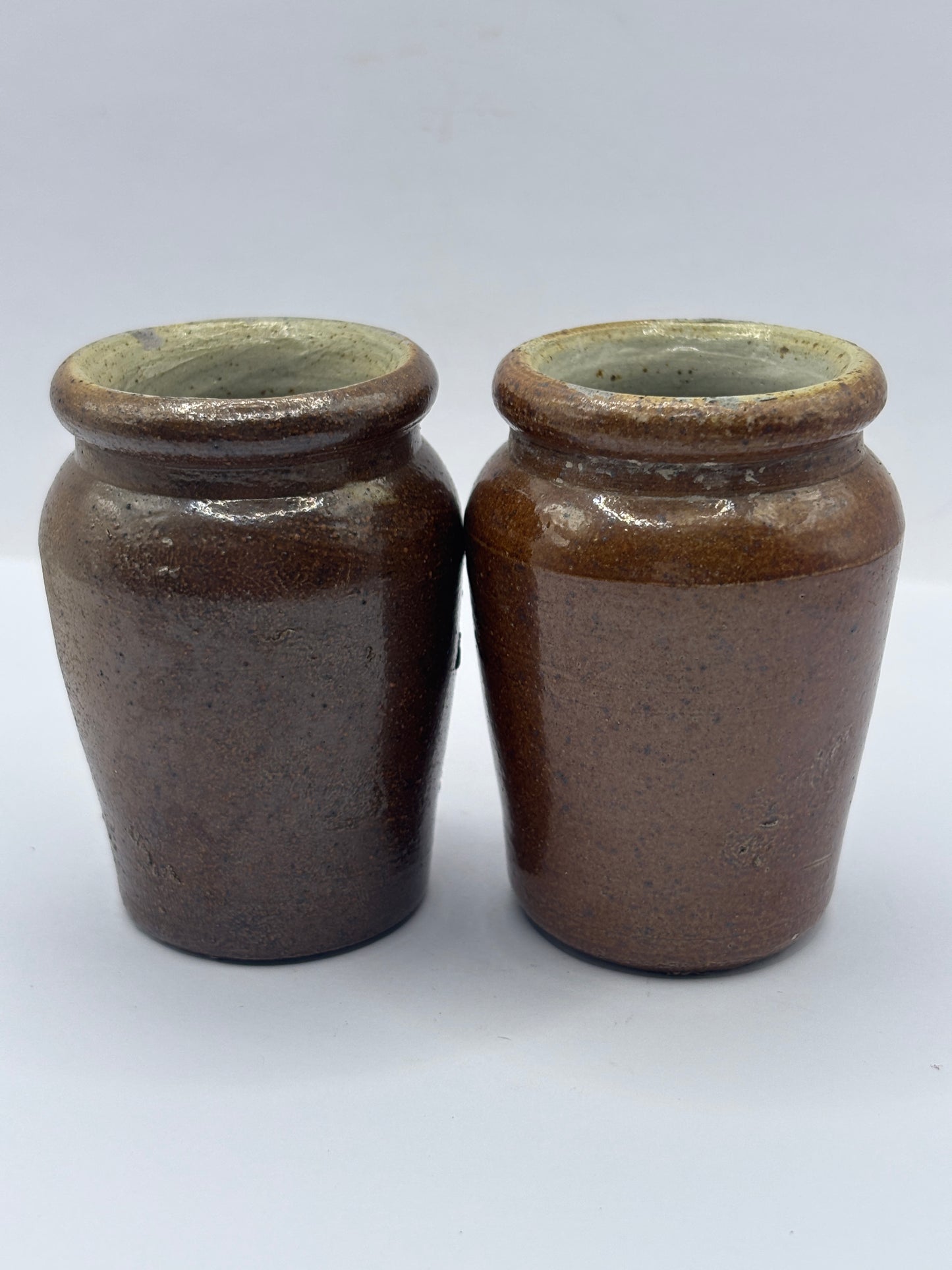2 old small brown stoneware cream pots