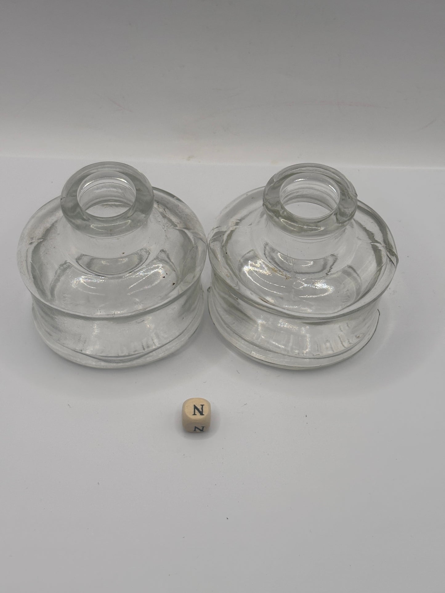 2 old clear glass inks, inkwells, ink bottles (N)