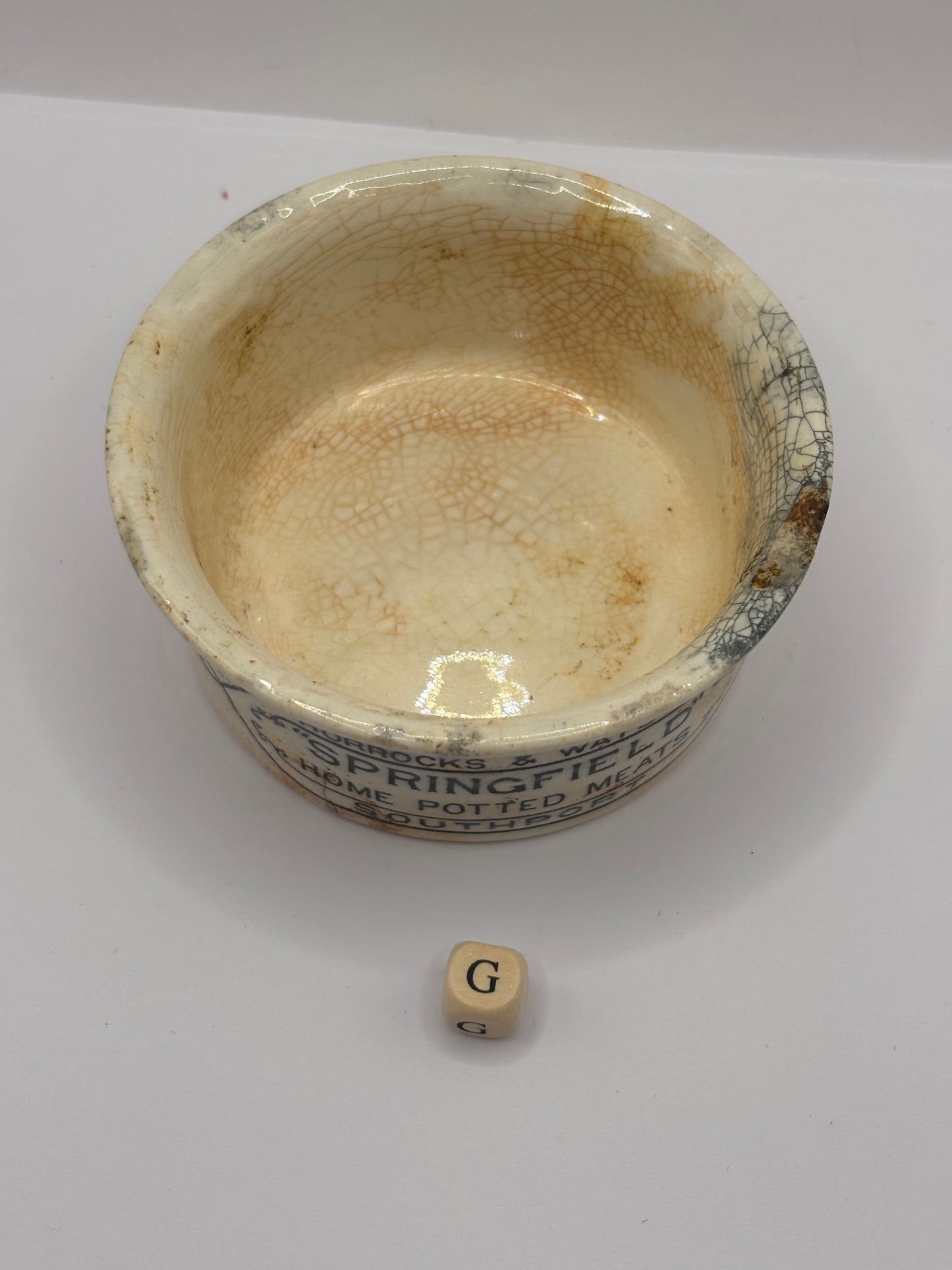 Old advertising meat paste pot, Springfield (G) damaged
