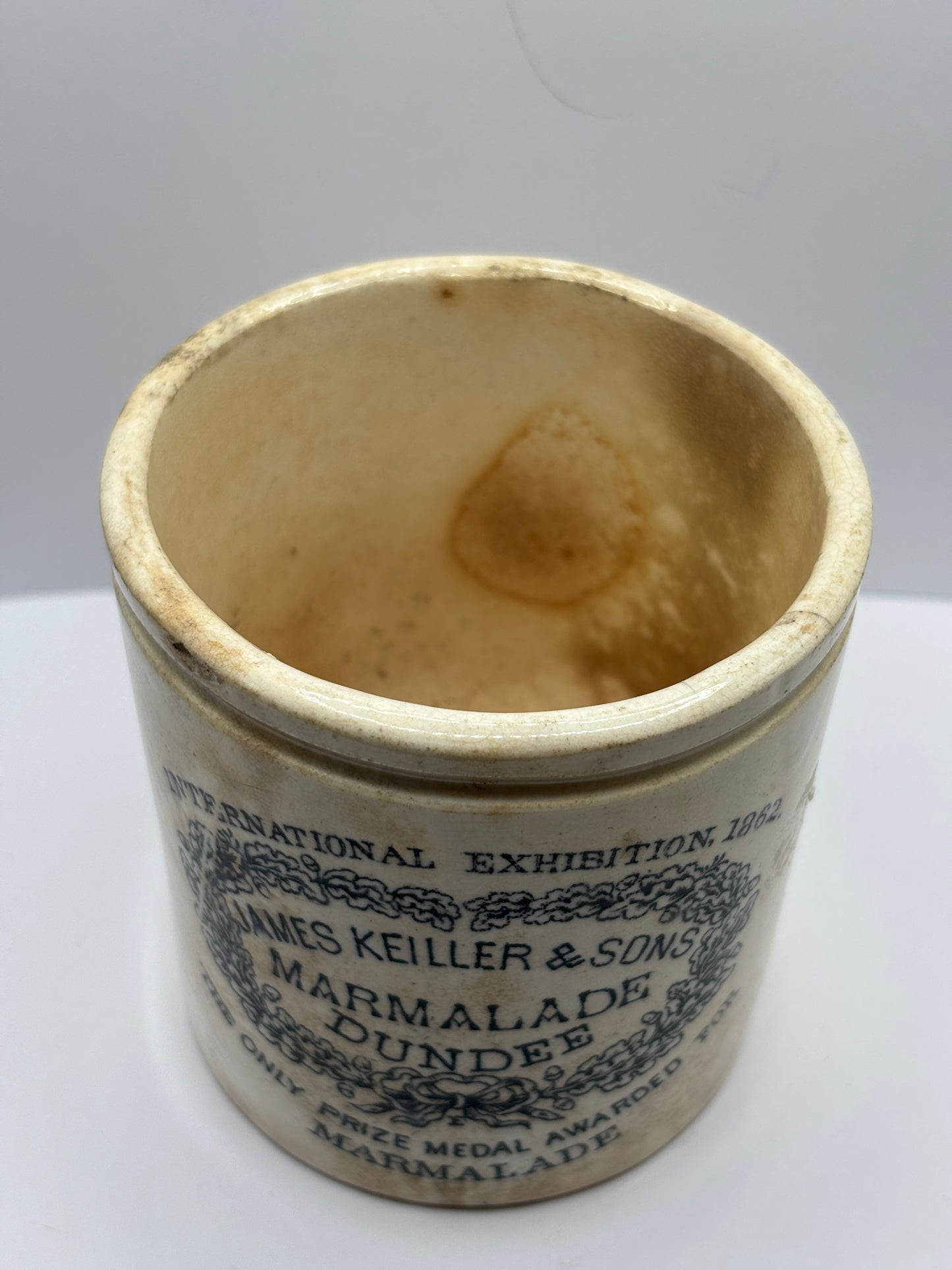 Old early dundee marmalade advertising jar, stained & crazed