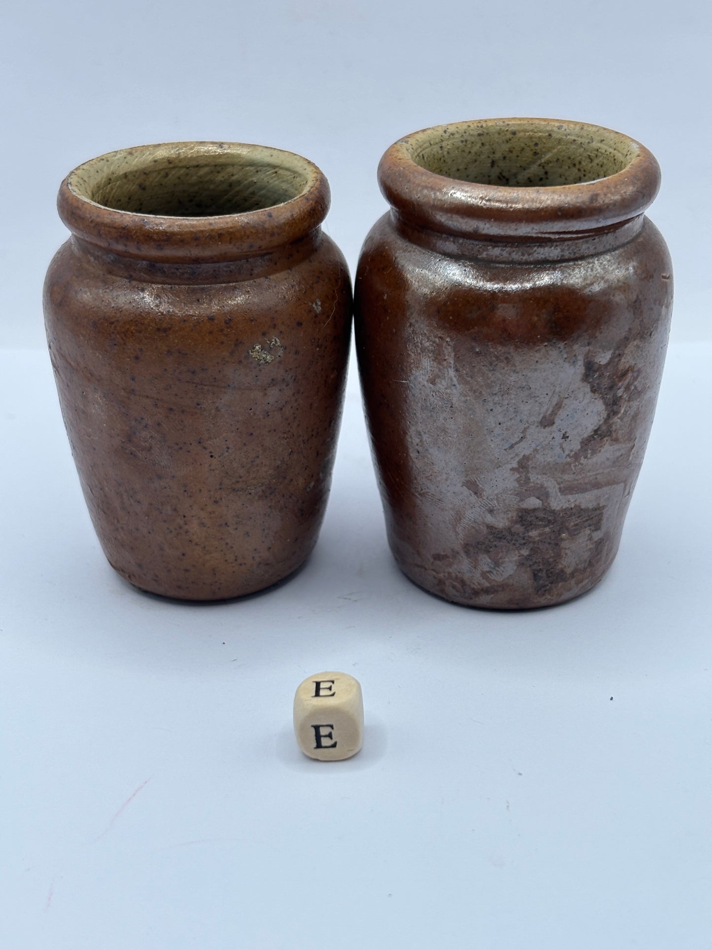 2 old small brown stoneware cream pots (e)