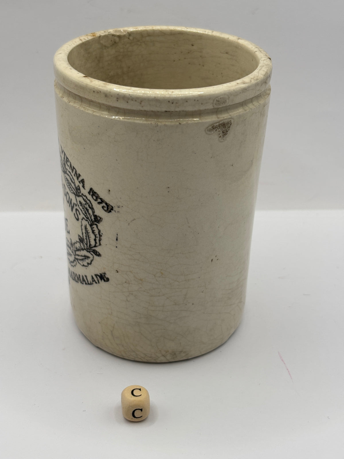 Old 1lb stoneware marmalade pot, James Keiller Dundee marmalade (c)