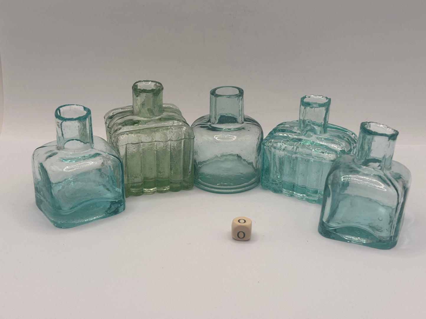 5 old aqua glass inks, inkwells, ink bottles, penny ink (o)