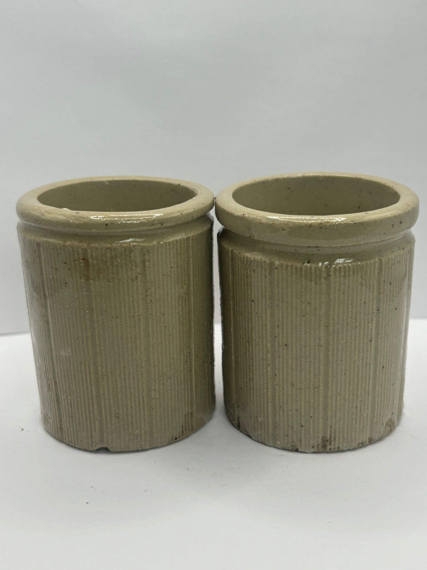 2 small old ribbed stoneware jam pots