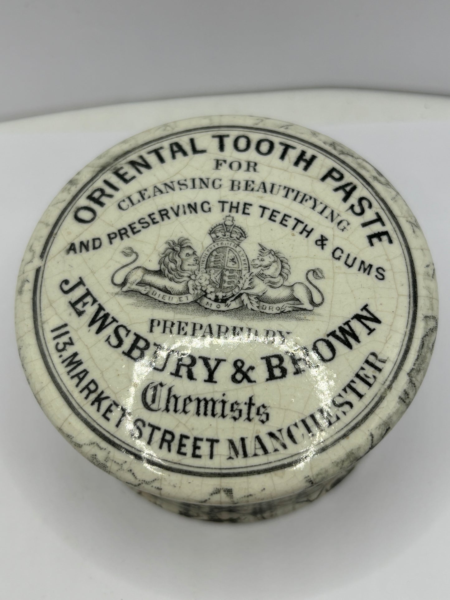 Old Jewsbury & Brown advertising lid & base. Oriental toothpaste