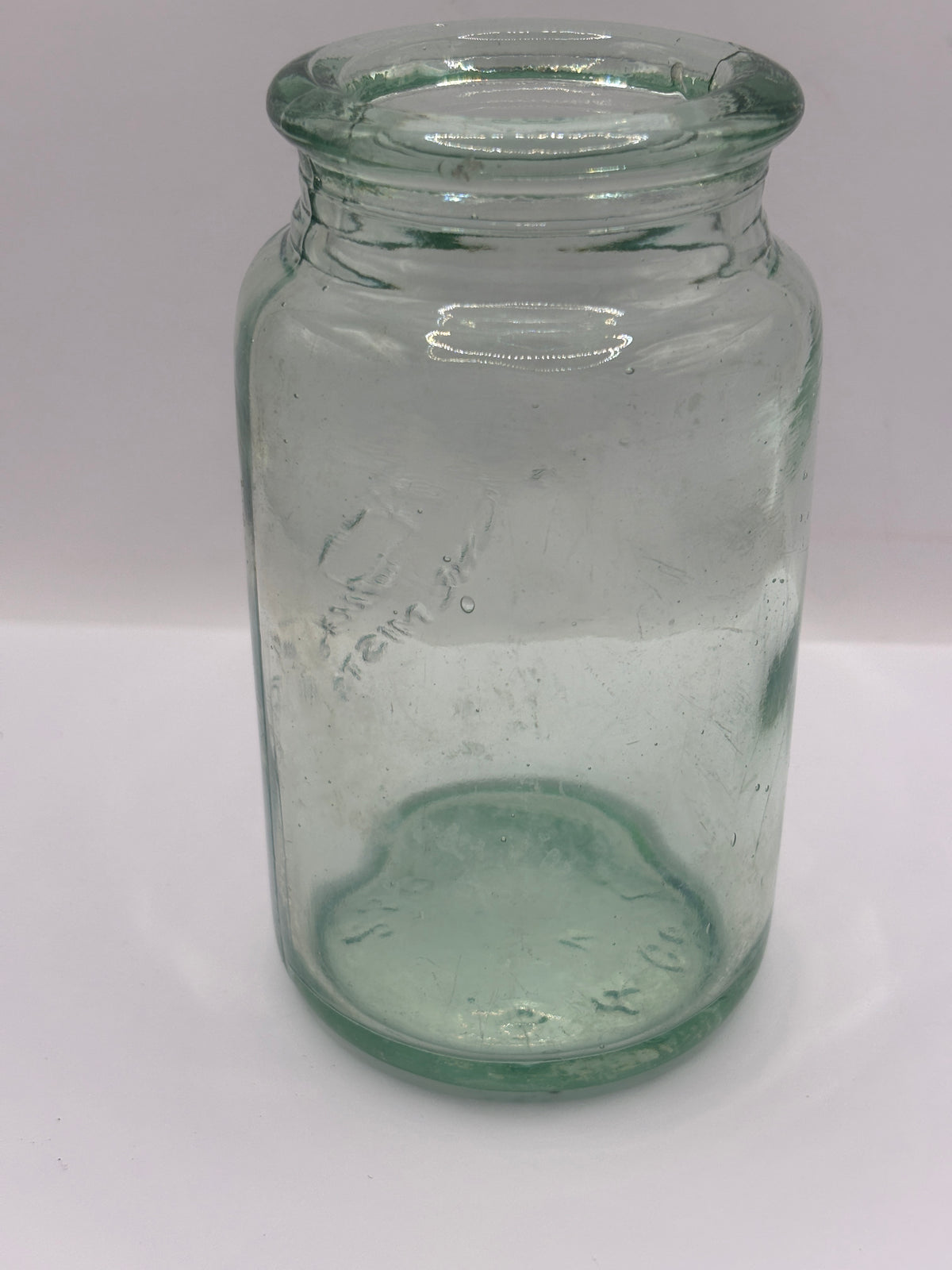 Old advertising aqua glass jar, Timothy Whites cash chemists