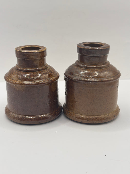 2 brown stoneware inkwells, ink bottles