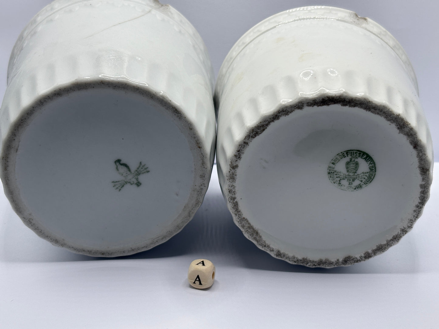 2 Old belgian stoneware jam/ preserve pots damaged (A)