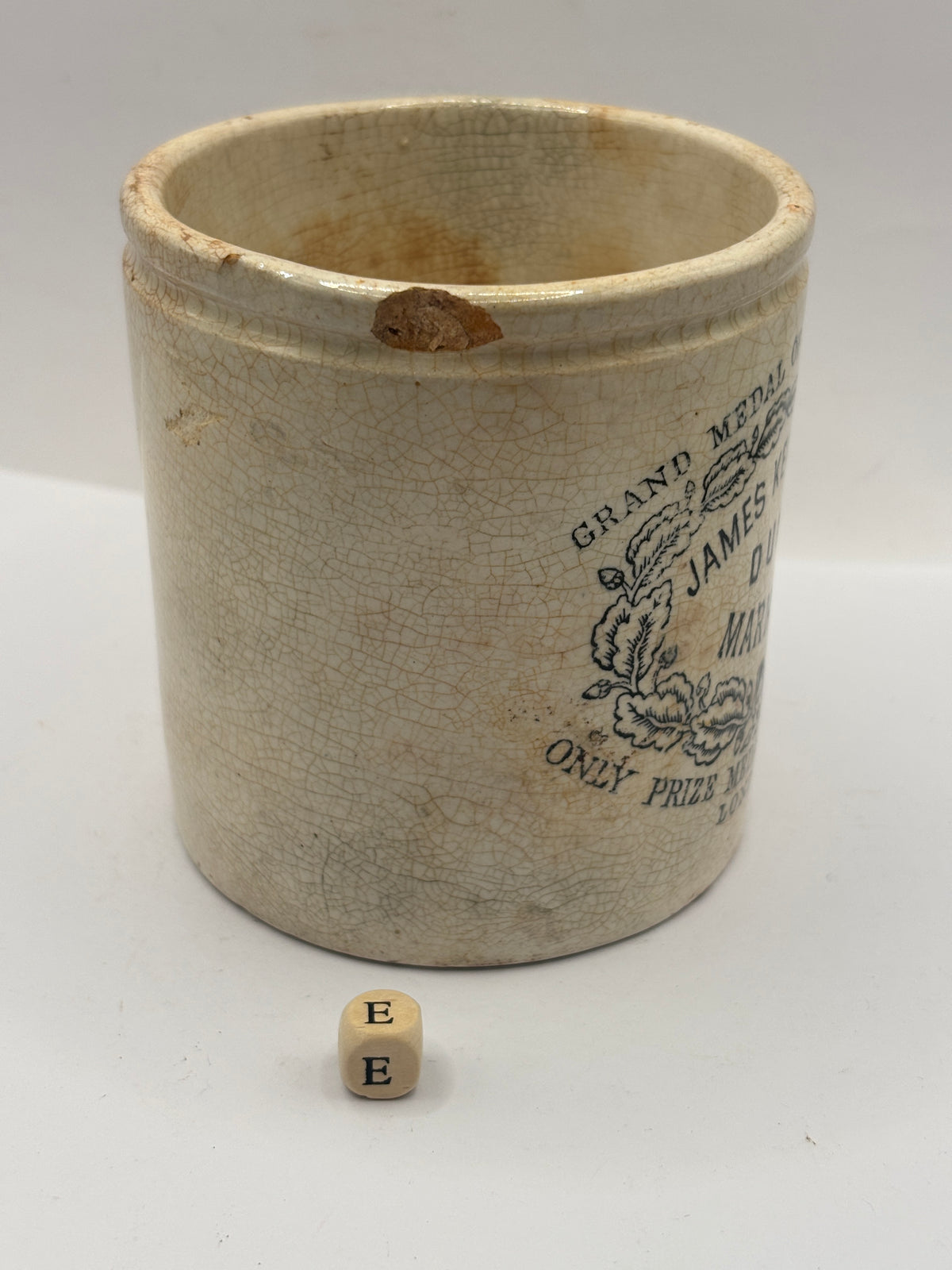 Old 1lb stoneware marmalade pot, James Keiller Dundee marmalade (e) chipped
