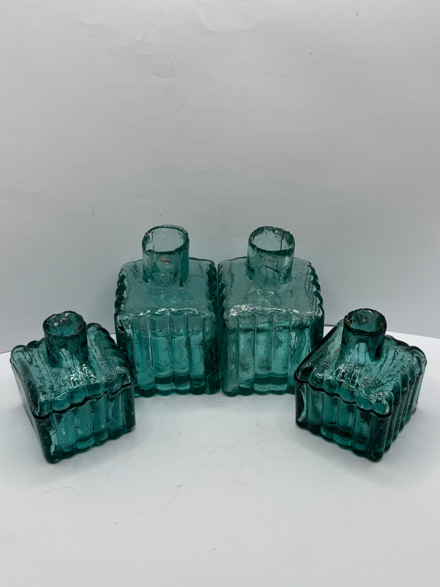 4 old aqua glass square ribbed inkwells