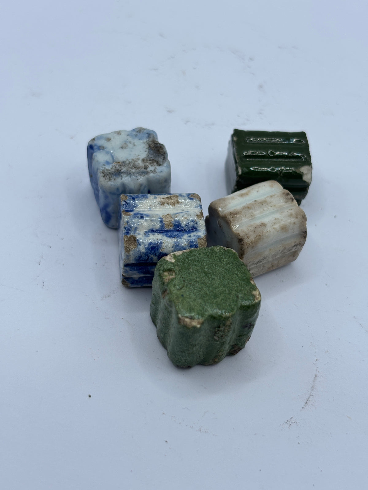 5 old small stoneware game pieces, Ally gobs, snobs, chucks