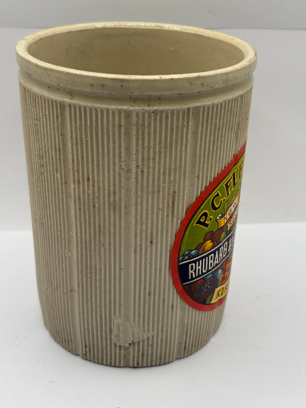 Old 2lb ribbed stoneware jam pot with added label