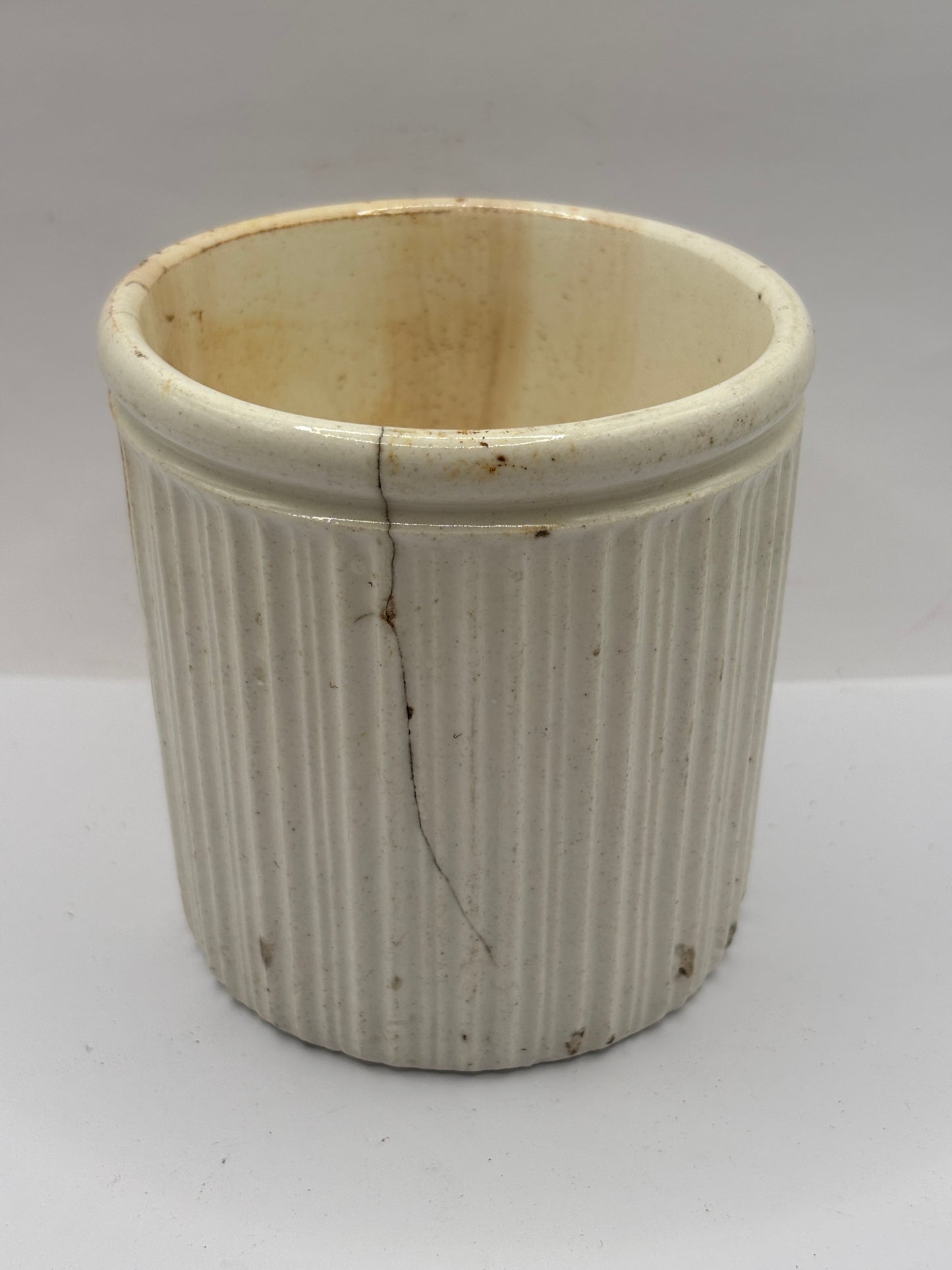 Early ribbed jam/marmalade jar. Damaged