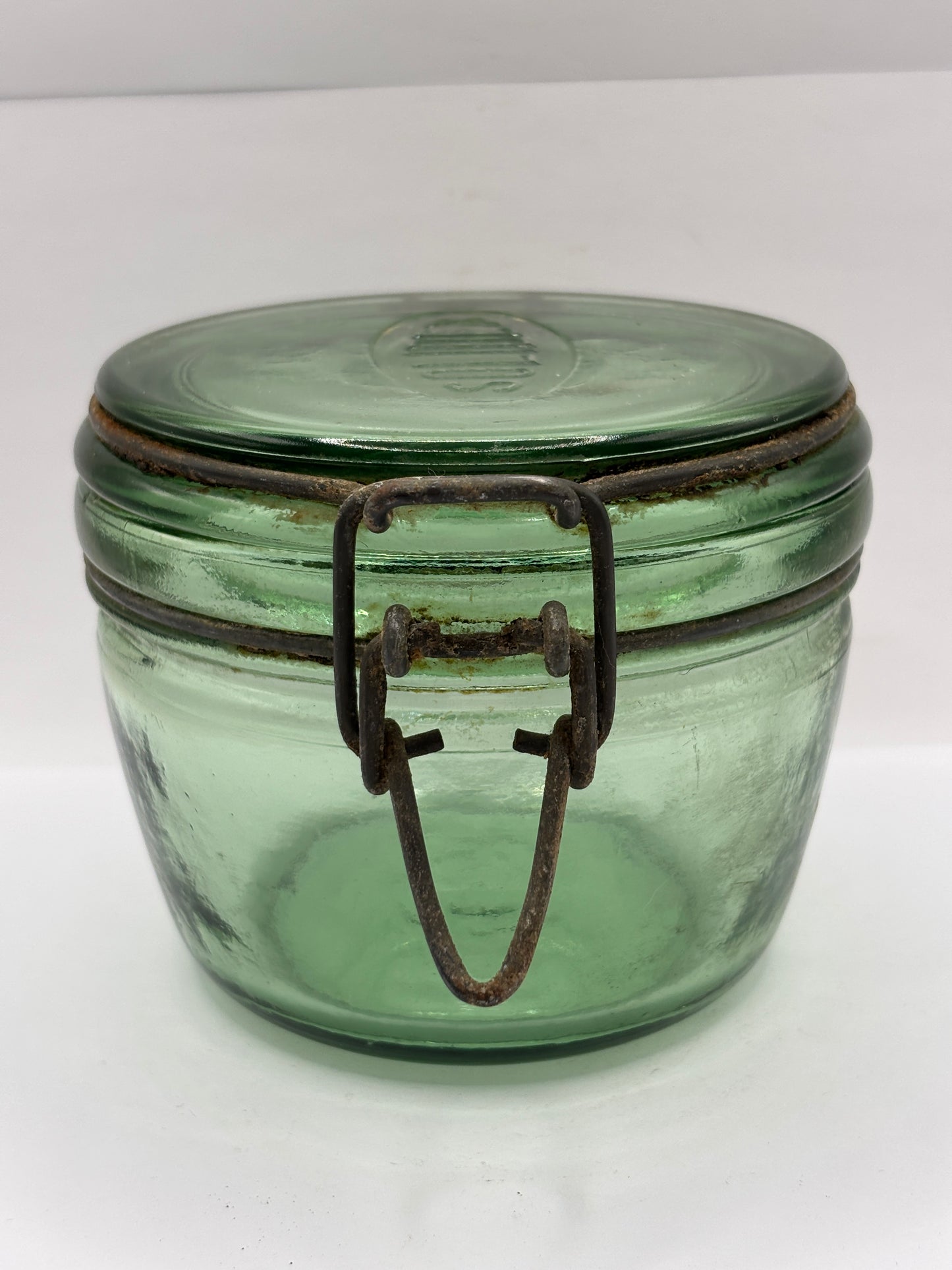 Vintage green glass French canning jars