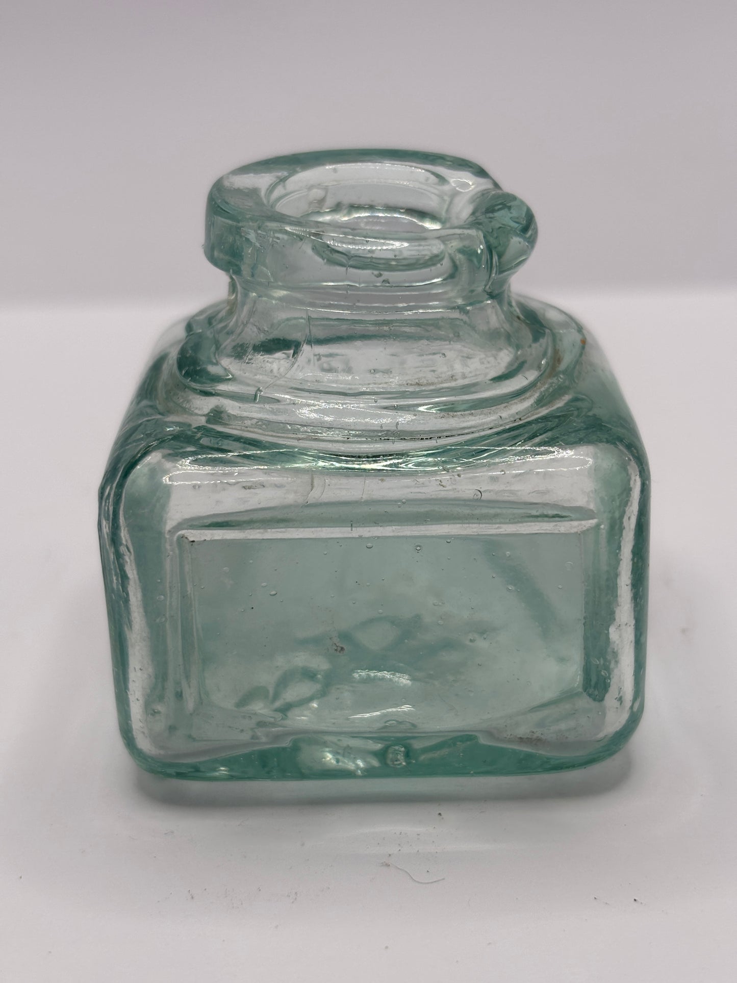 Old aqua glass ink bottle, inkwell. fields ink & gum
