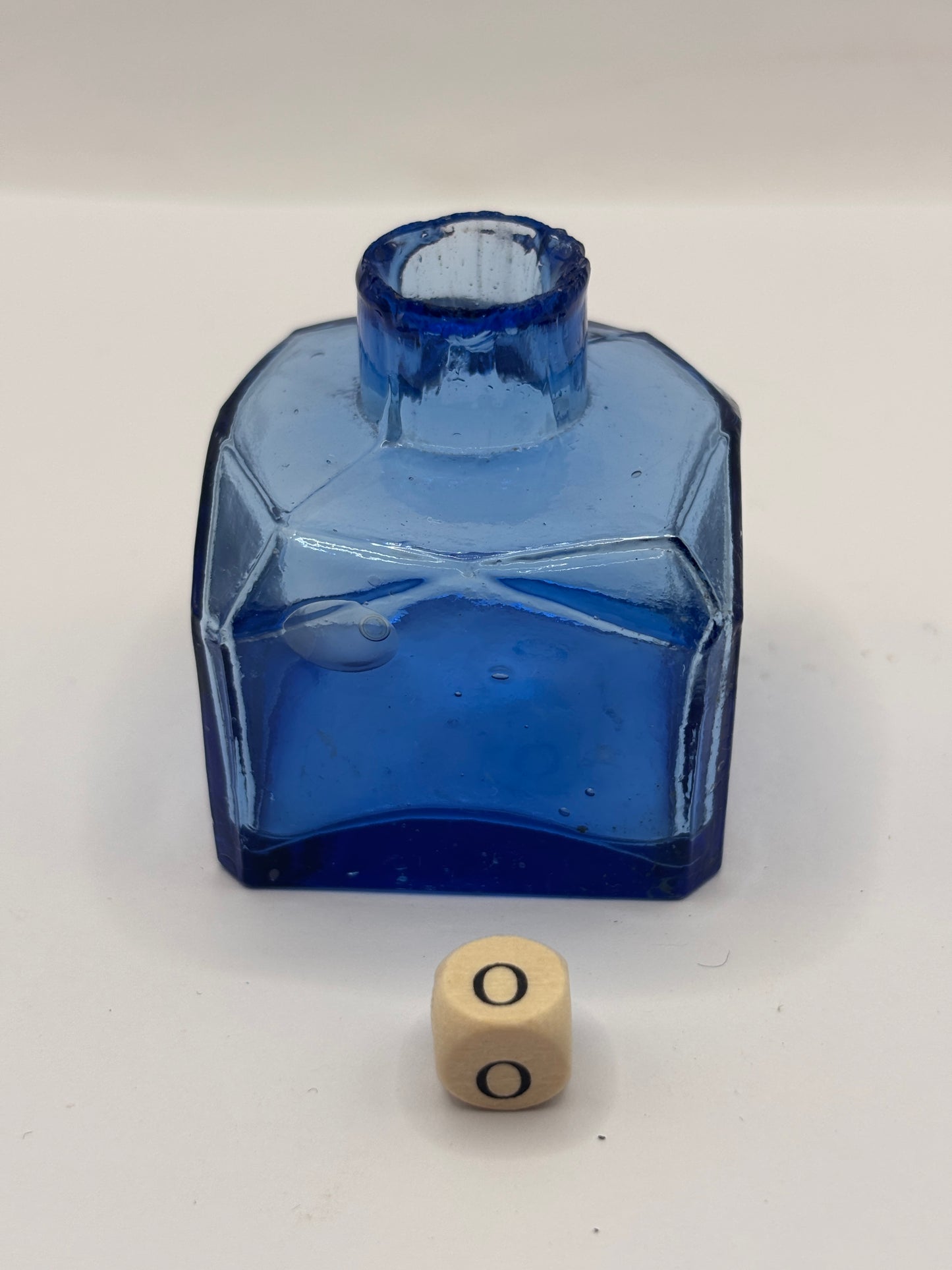 Old blue glass ink bottle, inkwell, penny ink (o)