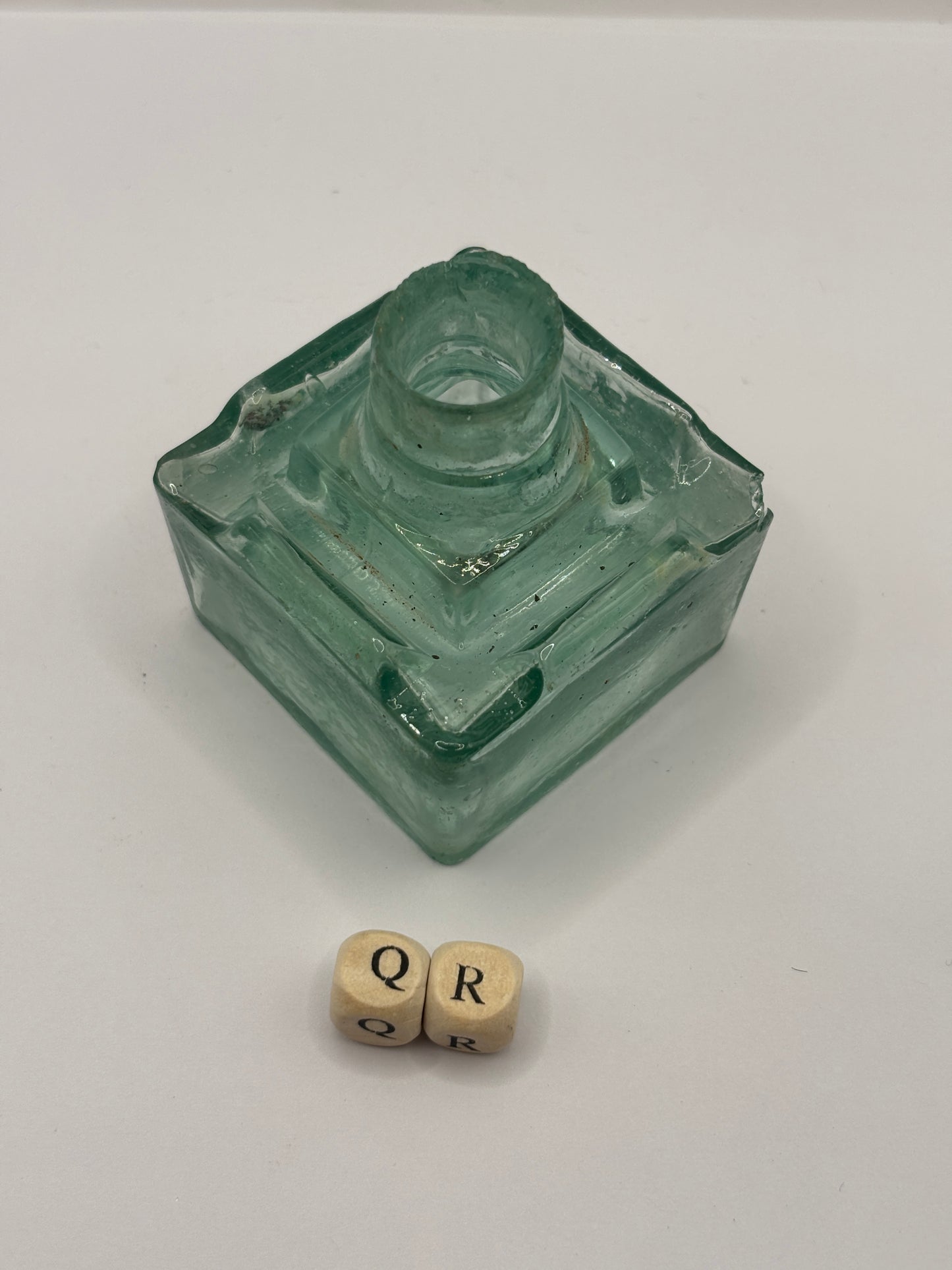 Old aqua glass inkwell (QR)