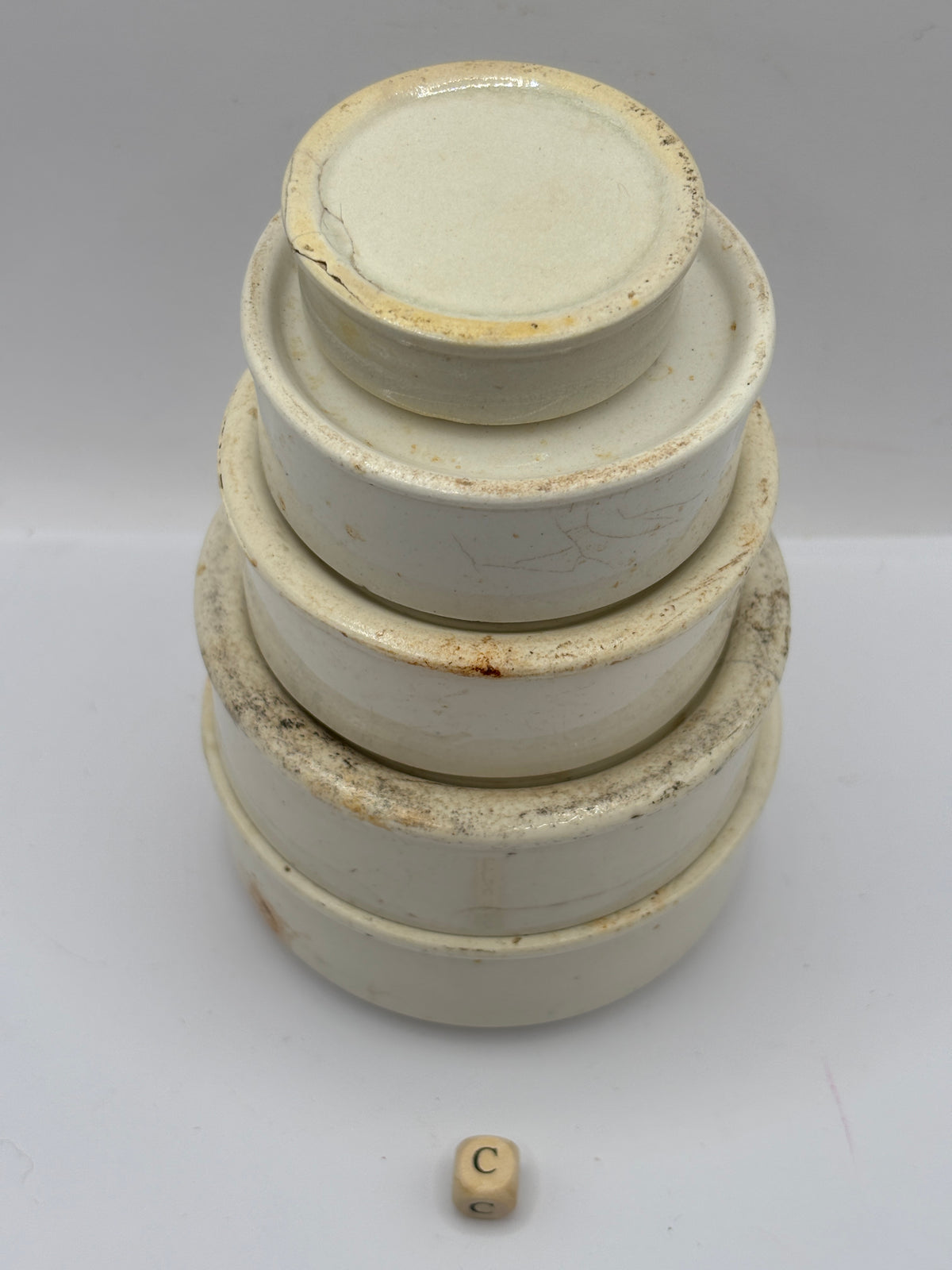 5 old stoneware pot lid bases, stackers (c)