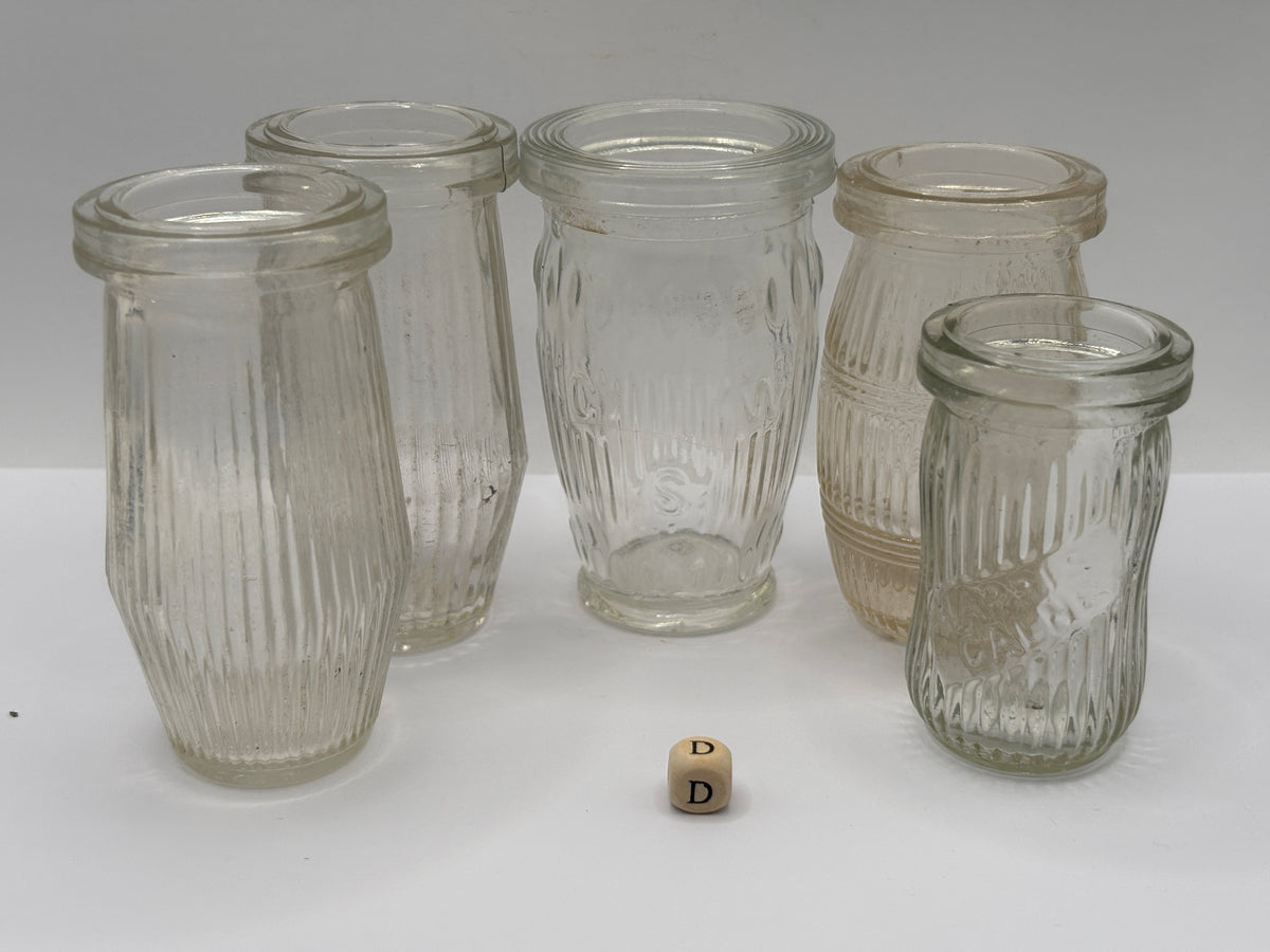 5 old clear glass meat paste jars (D)