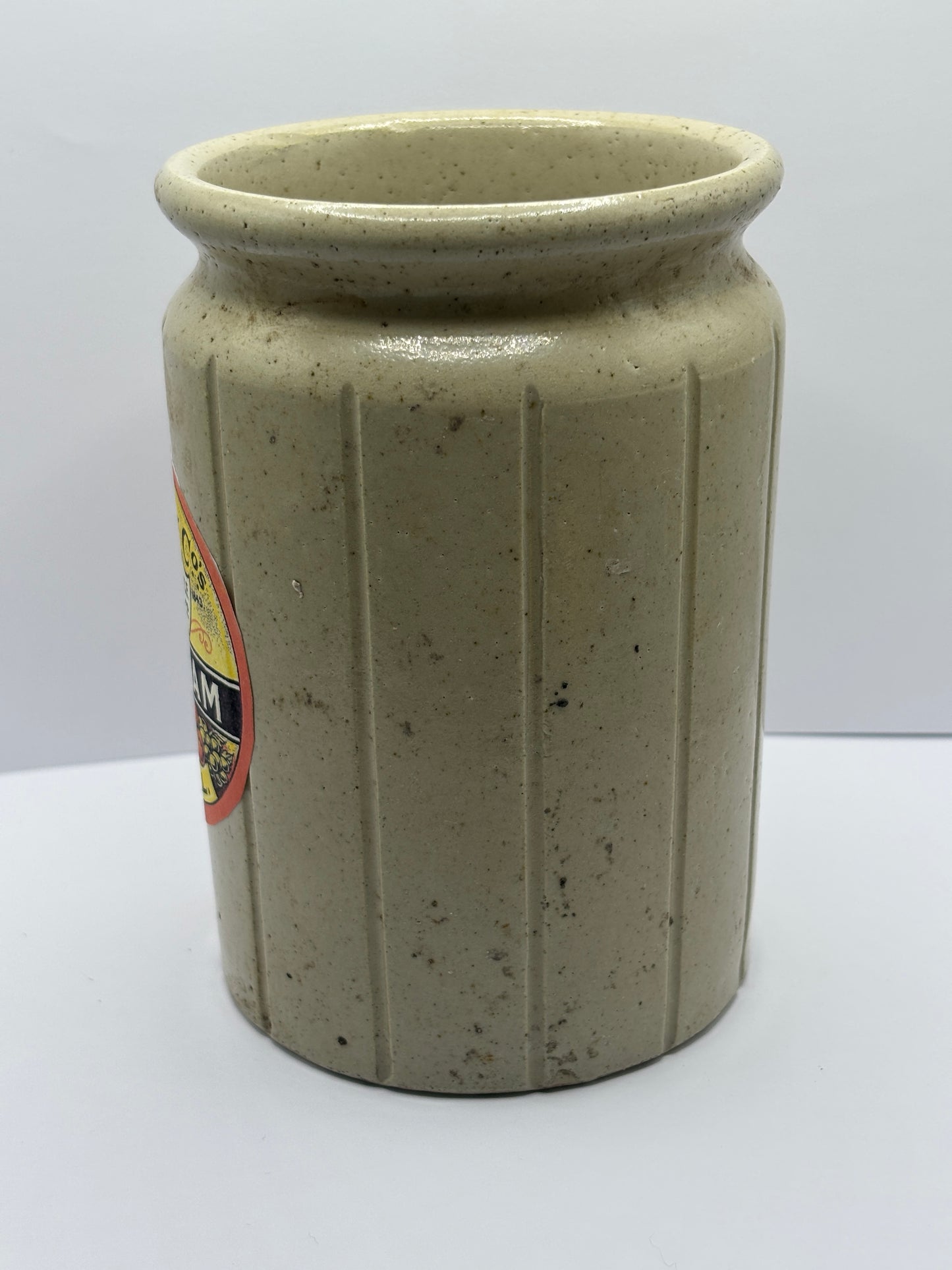 Old 2lb ribbed rolled top jam & marmalade jar, with added label