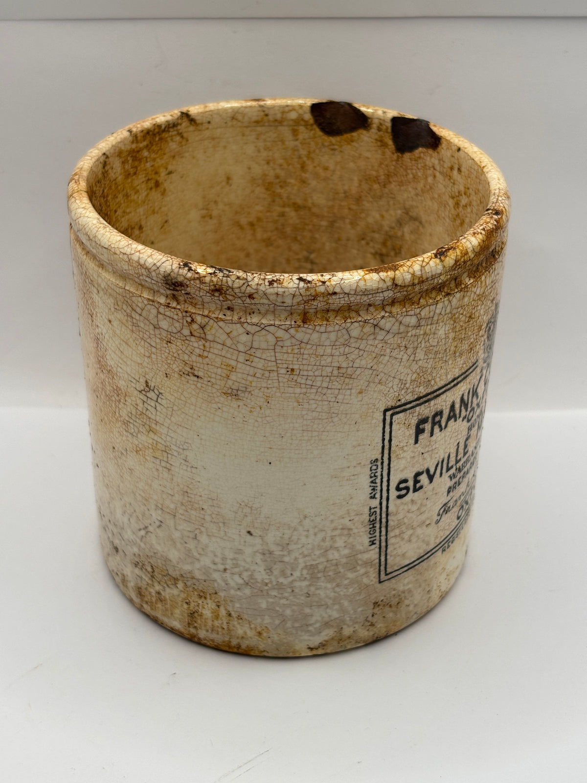 Old 2lb stoneware marmalade pot, Frank Coopers. Damaged