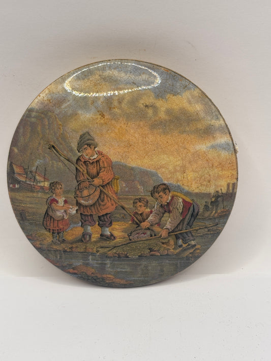 Old Prattware lid, victorian pot lid. the shrimpers Pratt lid. Chips