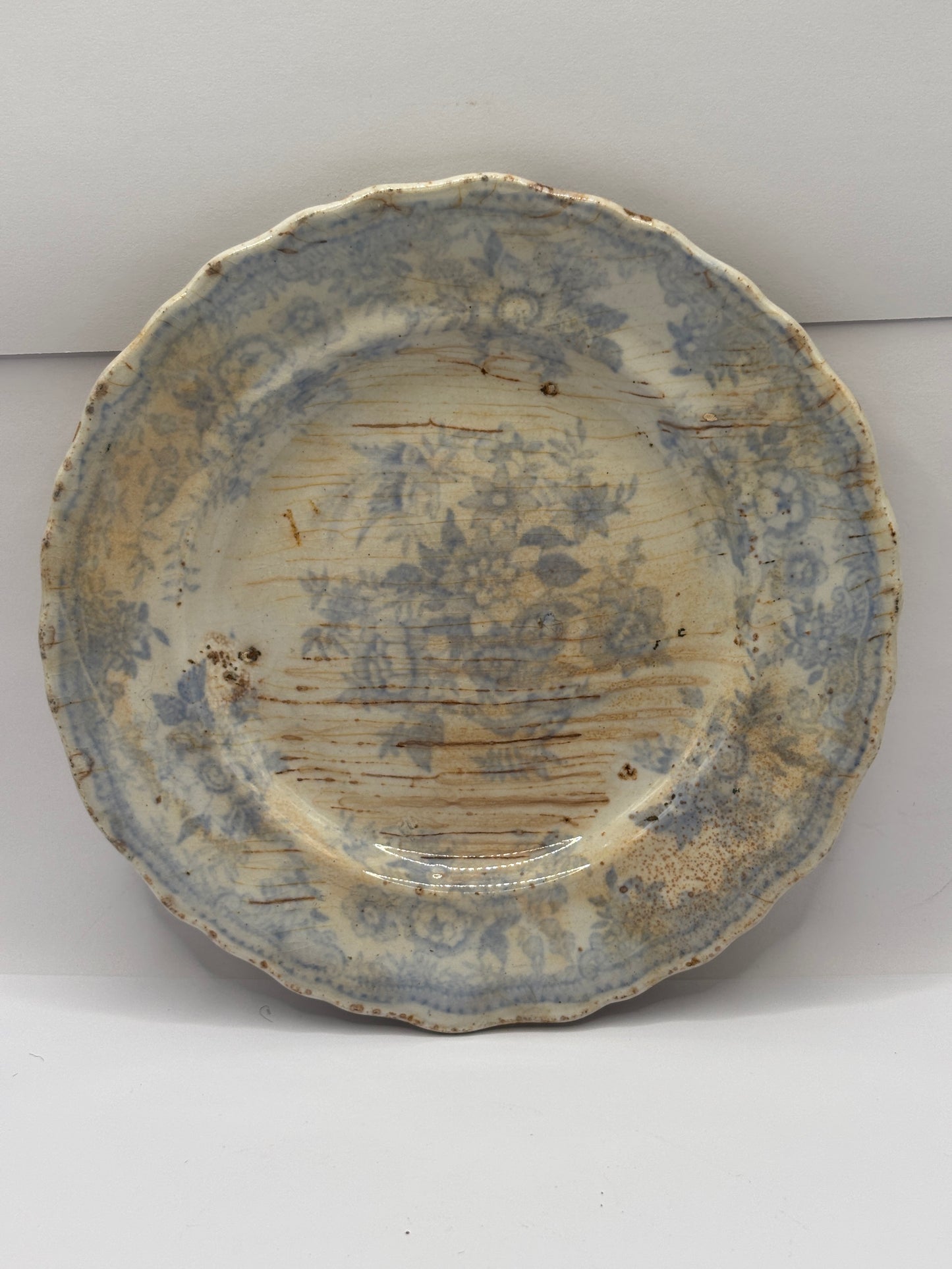 4 old blue and white transferred stoneware plates