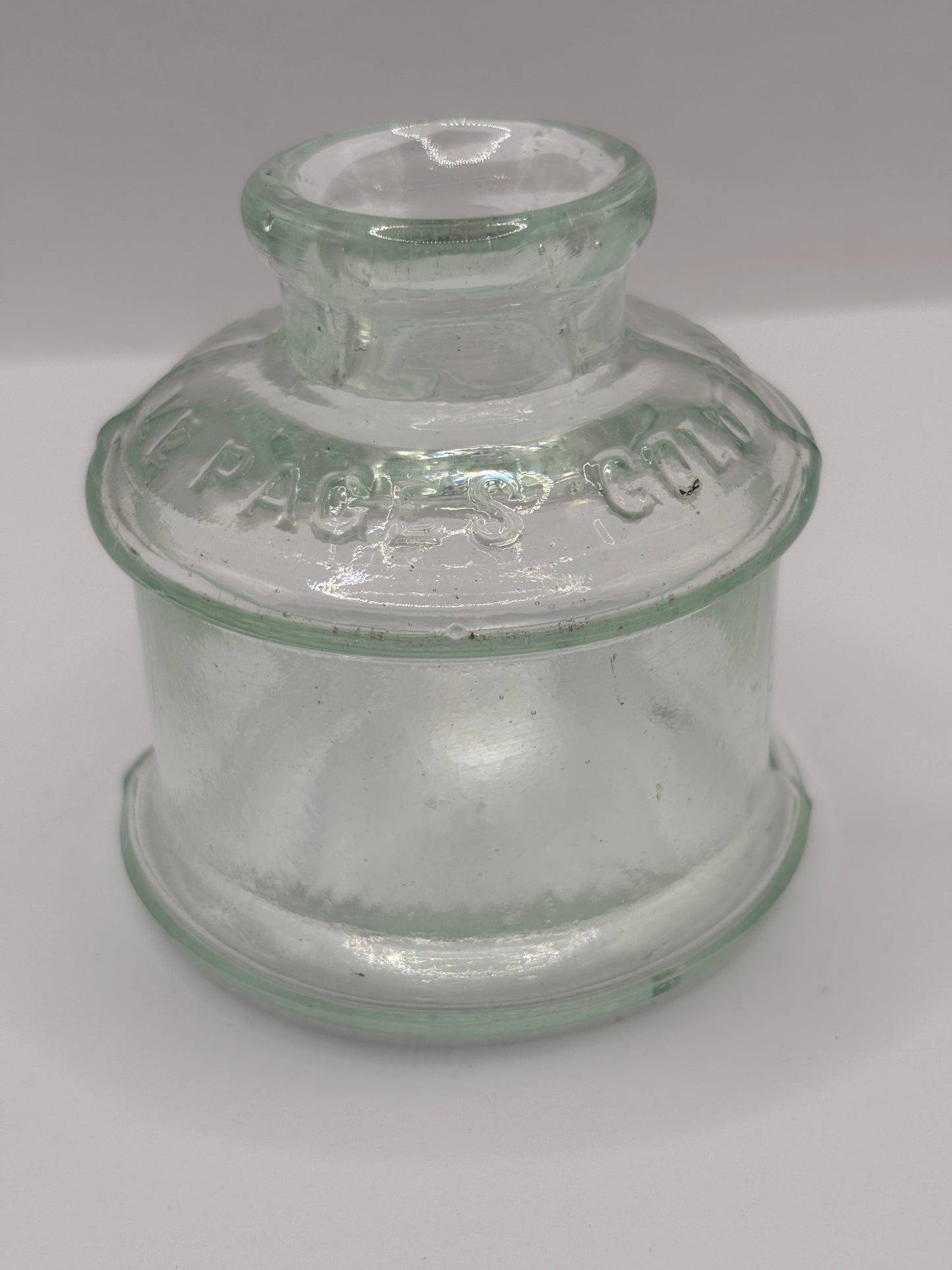 old advertising glass ink,ink bottle, mugilage le pages French?? Damaged