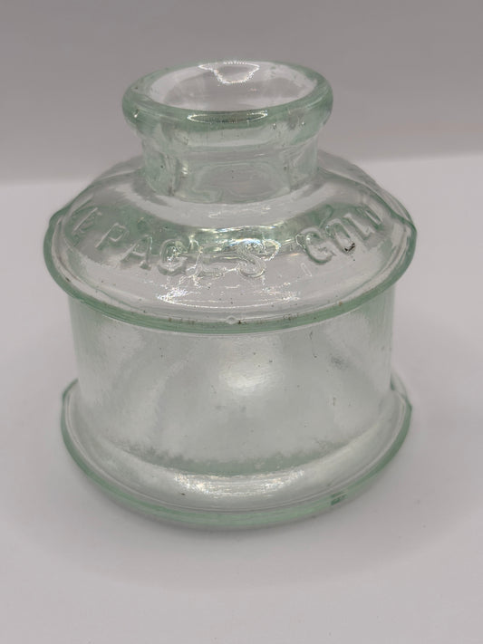 old advertising glass ink,ink bottle, mugilage le pages French?? Damaged