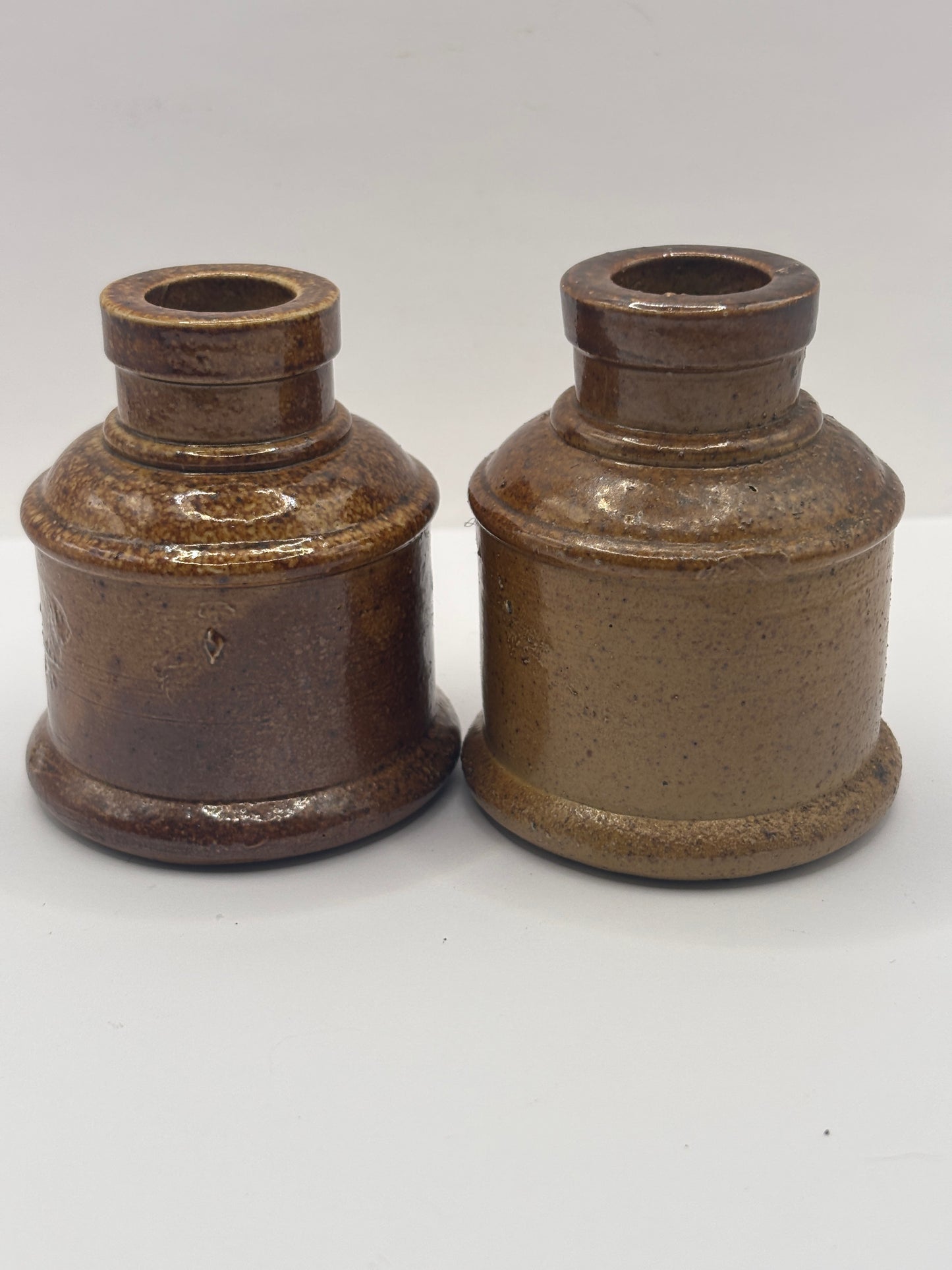 2 brown stoneware inkwells, ink bottles