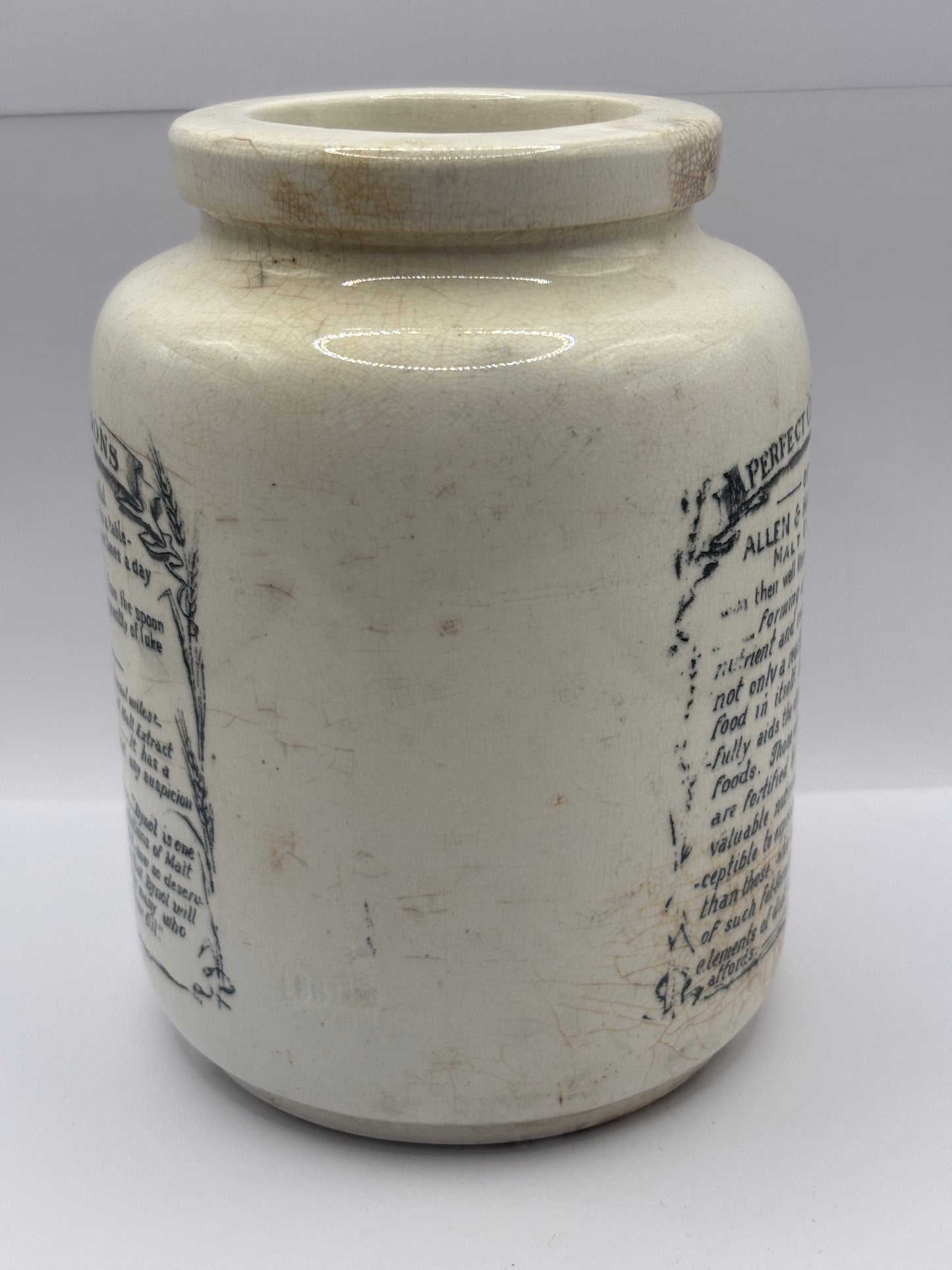 Old stoneware advertising jar, Bynol the perfected malt & oil