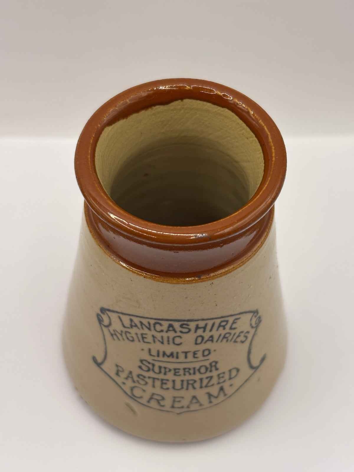 Old advertising cream pot, Lancashire hygienic dairies. Superior pasteurised cream