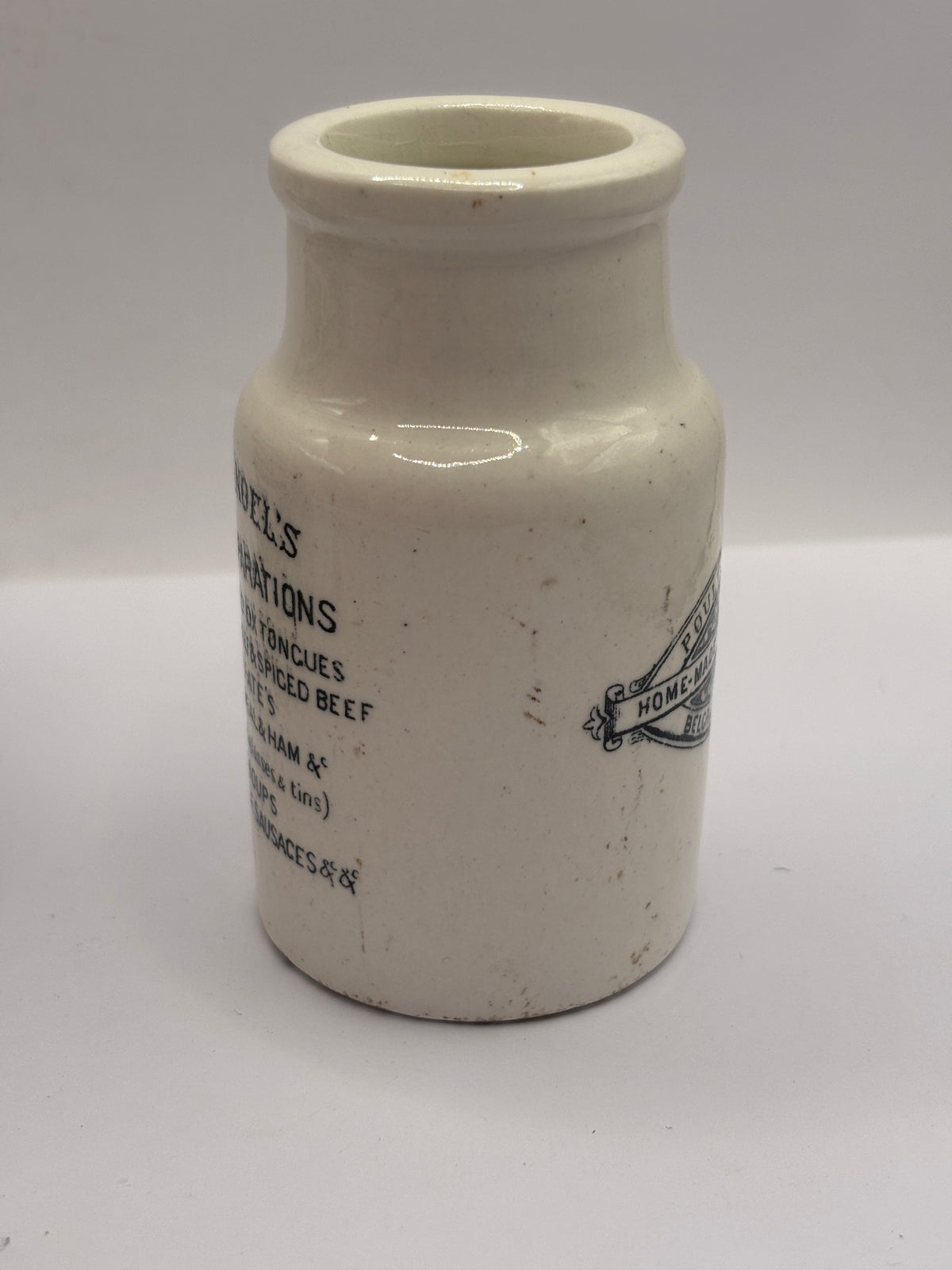 Old advertising potted meat jar, Poulton & noel home made potted meats