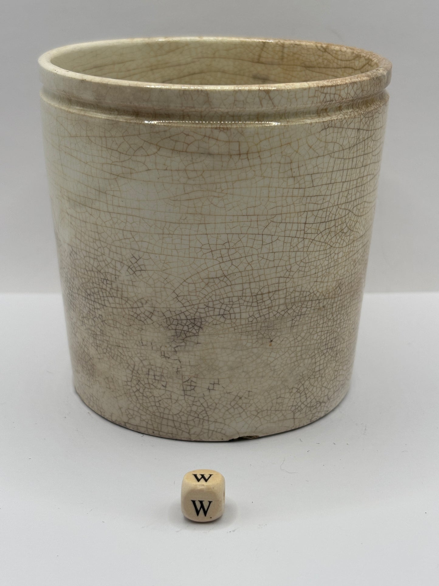 Old plain stoneware marmalade jar, super stained & crazed