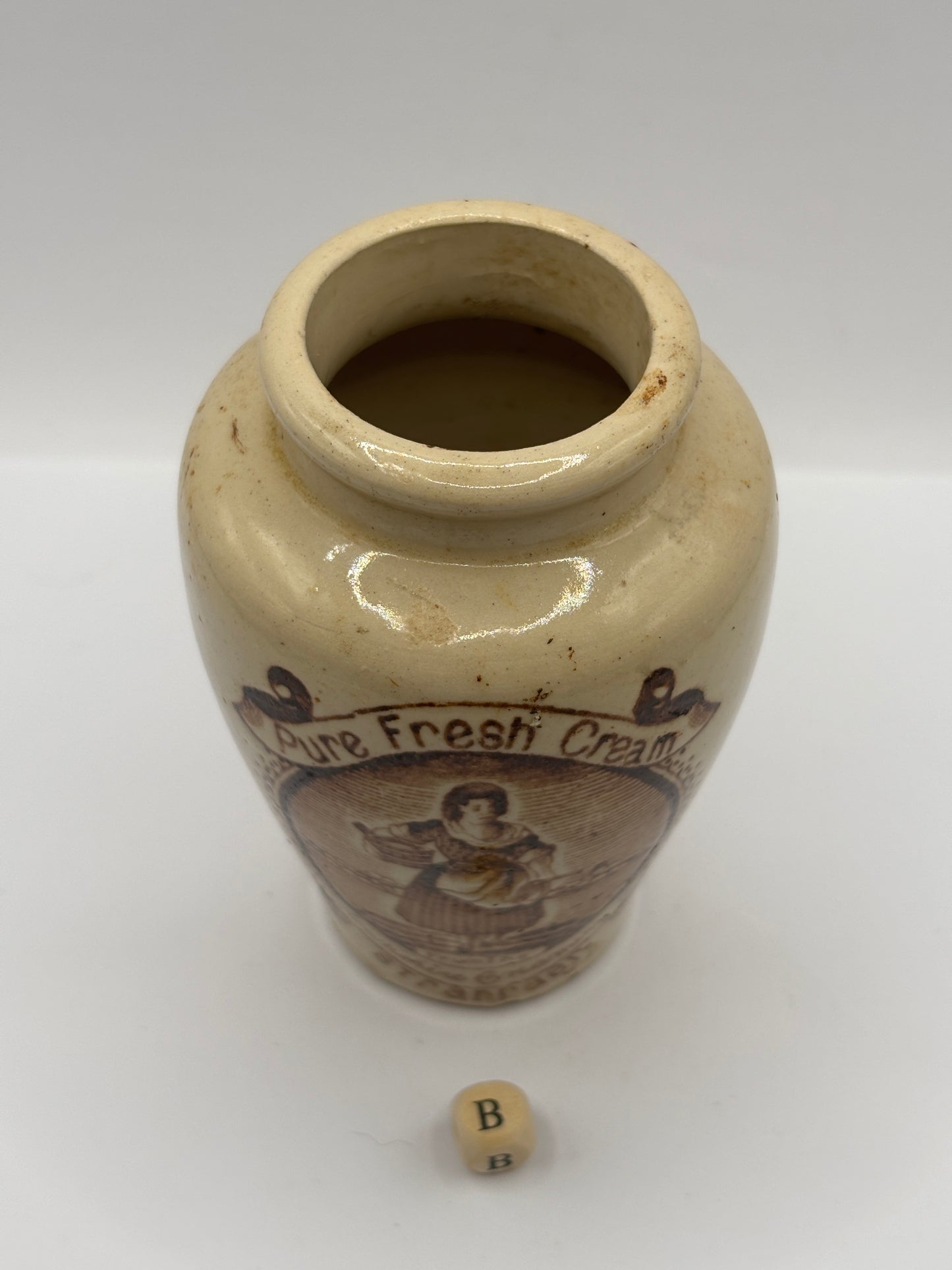 Old stoneware advertising cream pot, pure fresh cream Stranraer. Serpia print (B)