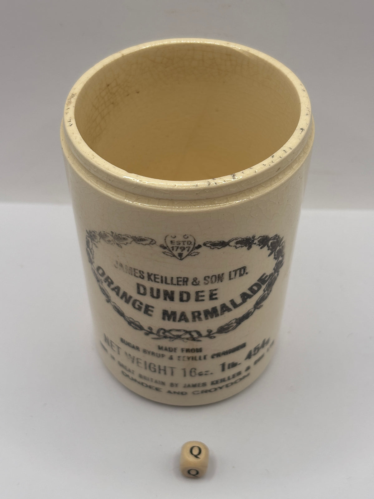 Old 1lb stoneware marmalade pot, James Keiller Dundee marmalade (Q)