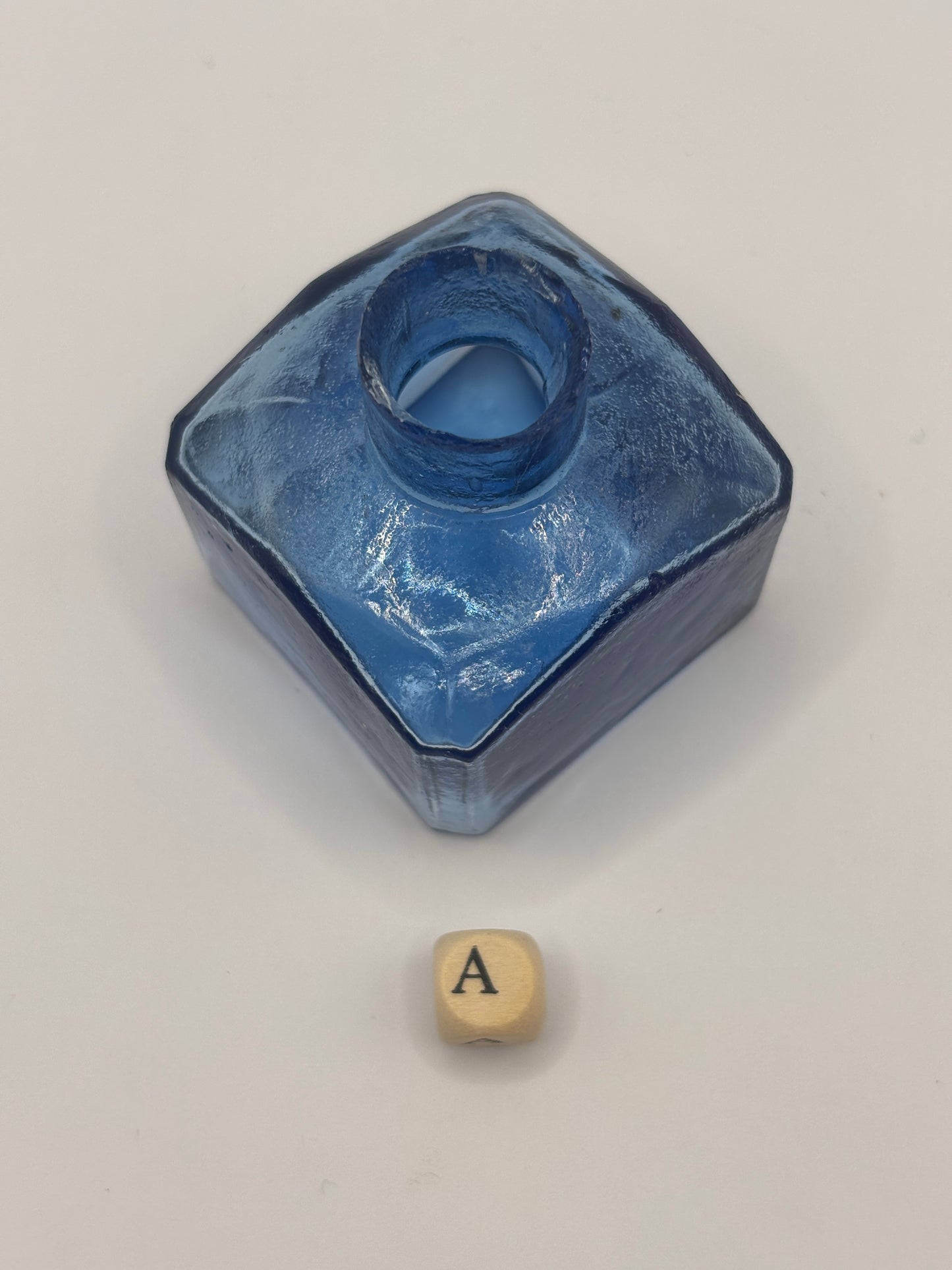 Old blue glass ink bottle, inkwell, penny ink (a) crusty