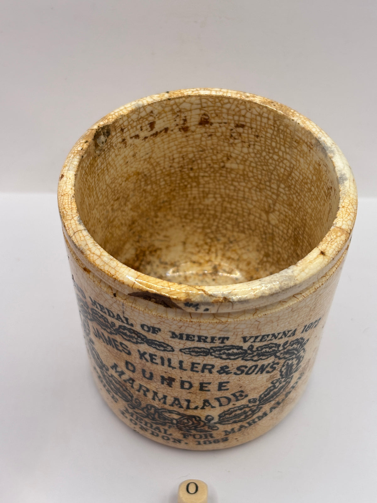 Old 1lb stoneware marmalade pot, James Keiller Dundee marmalade (o)