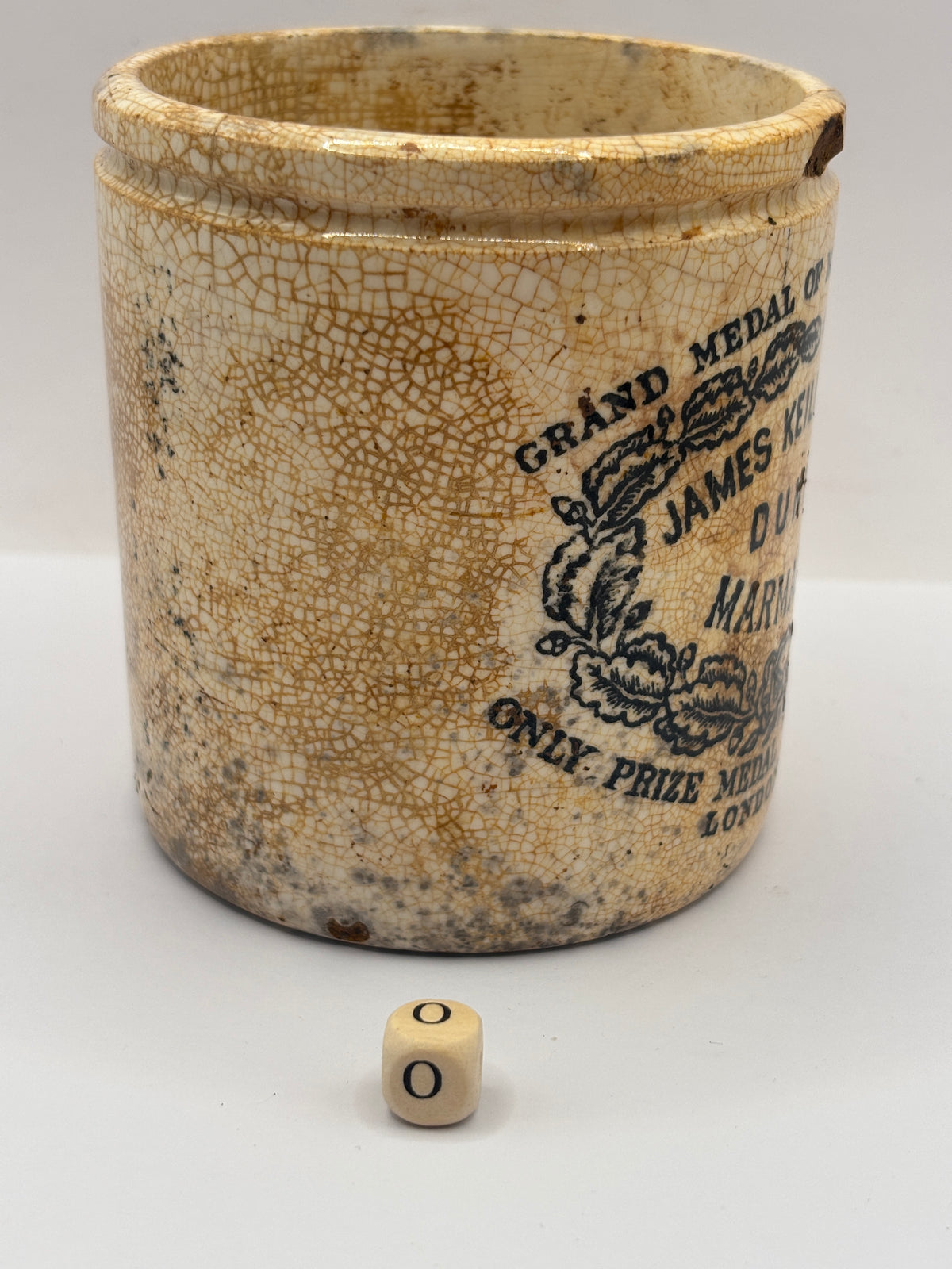 Old 1lb stoneware marmalade pot, James Keiller Dundee marmalade (o)