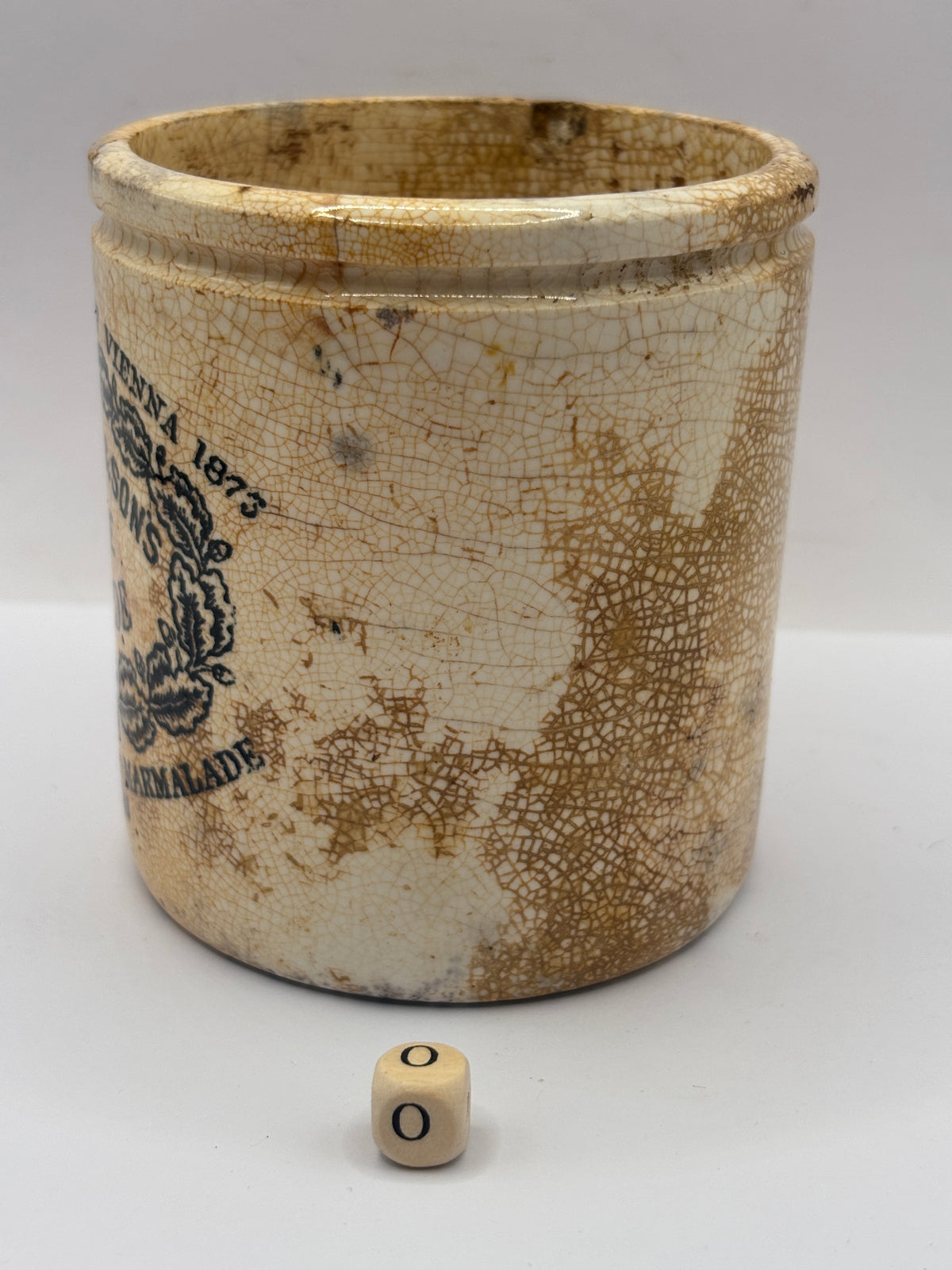 Old 1lb stoneware marmalade pot, James Keiller Dundee marmalade (o)