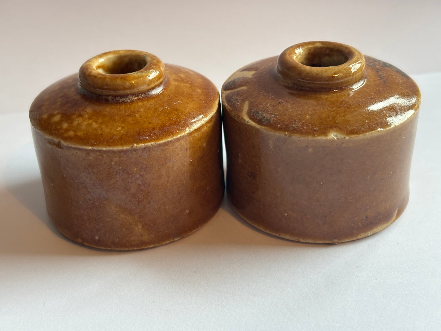 2 old brown stoneware inkwells, ink bottles. Pork pie inks