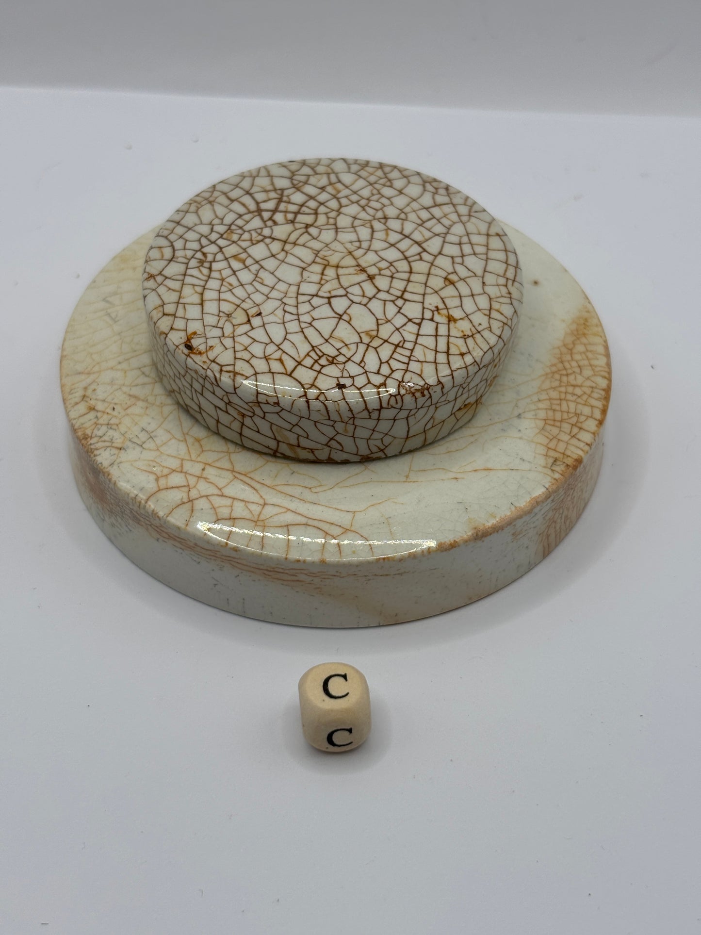 2 old stained & crazed stoneware lids