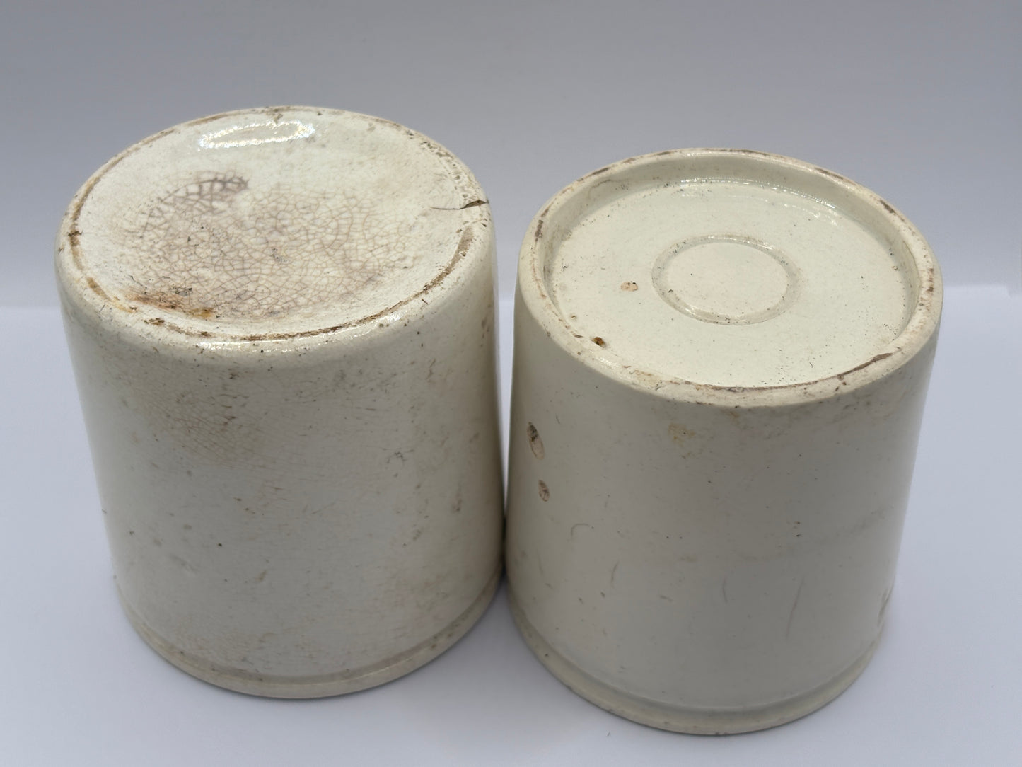 2 old white stoneware jam & marmalade pots. Chippy/hairline