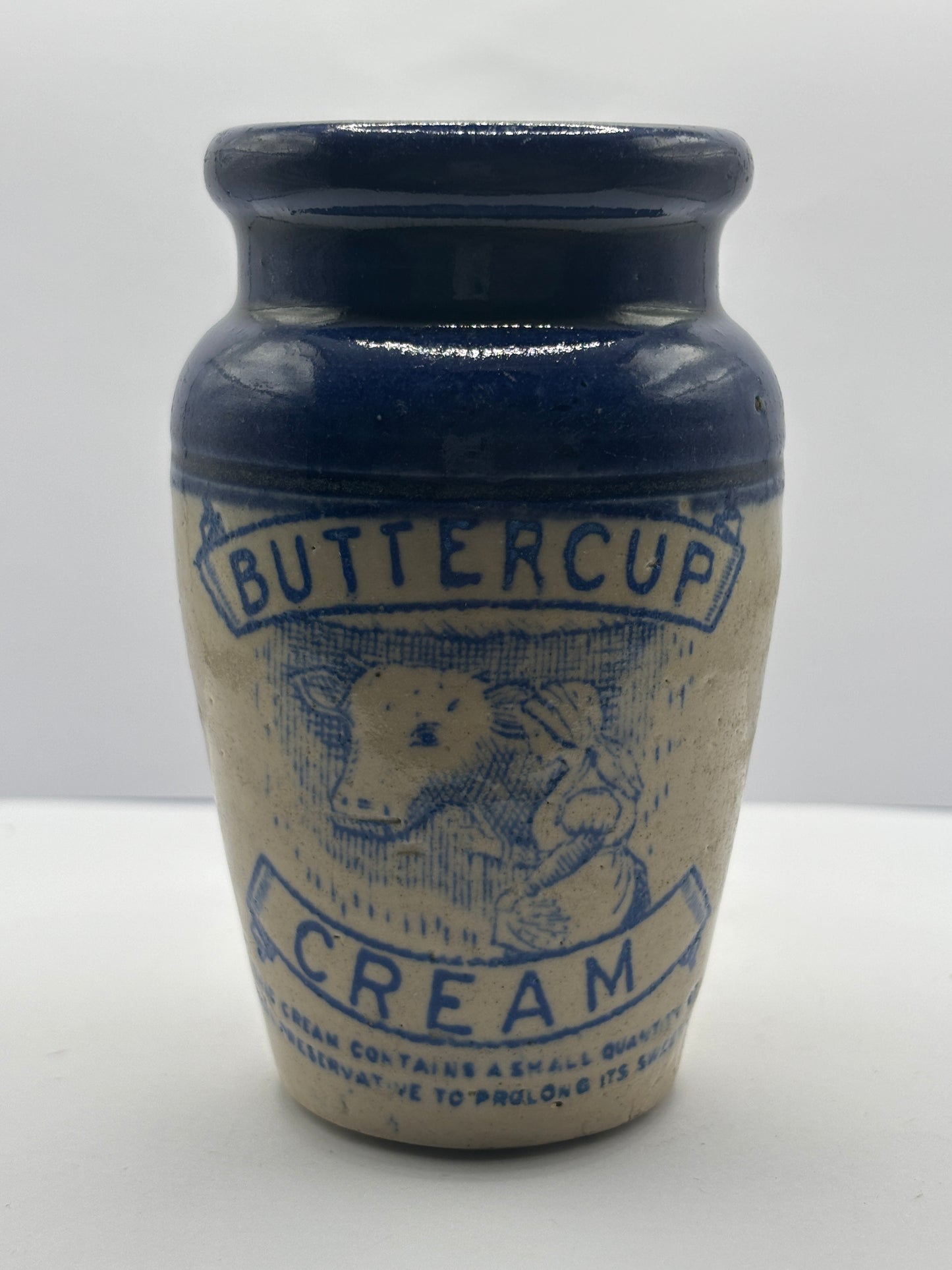 Old blue top advertising stoneware cream pot, Buttercup cream