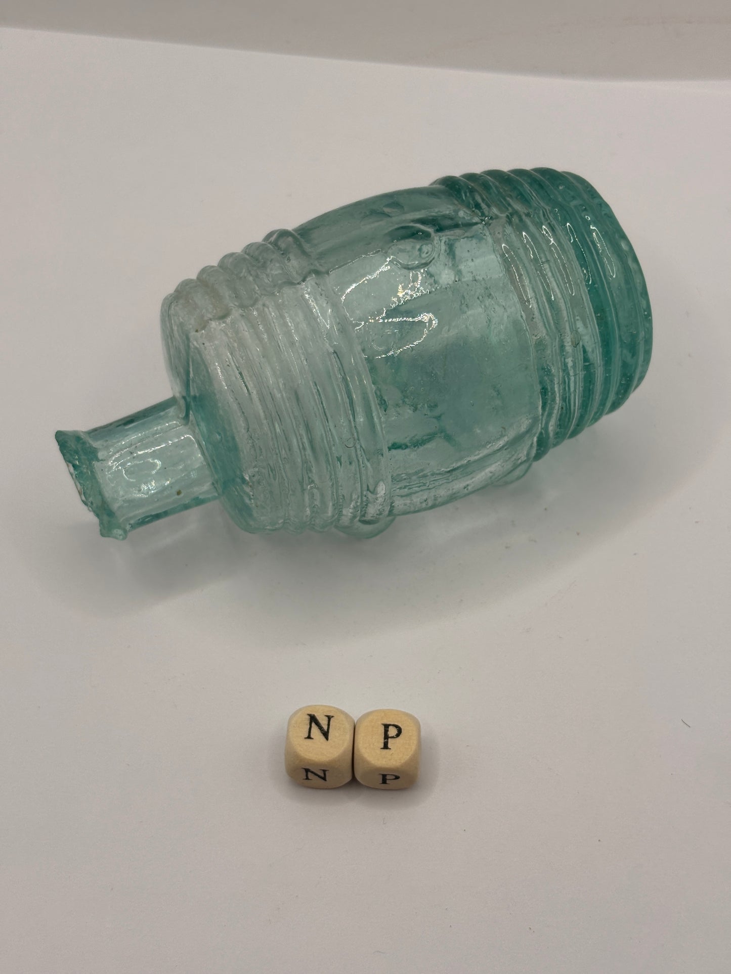 Old aqua glass barrel ink, ink bottle. Inkwell (NP)