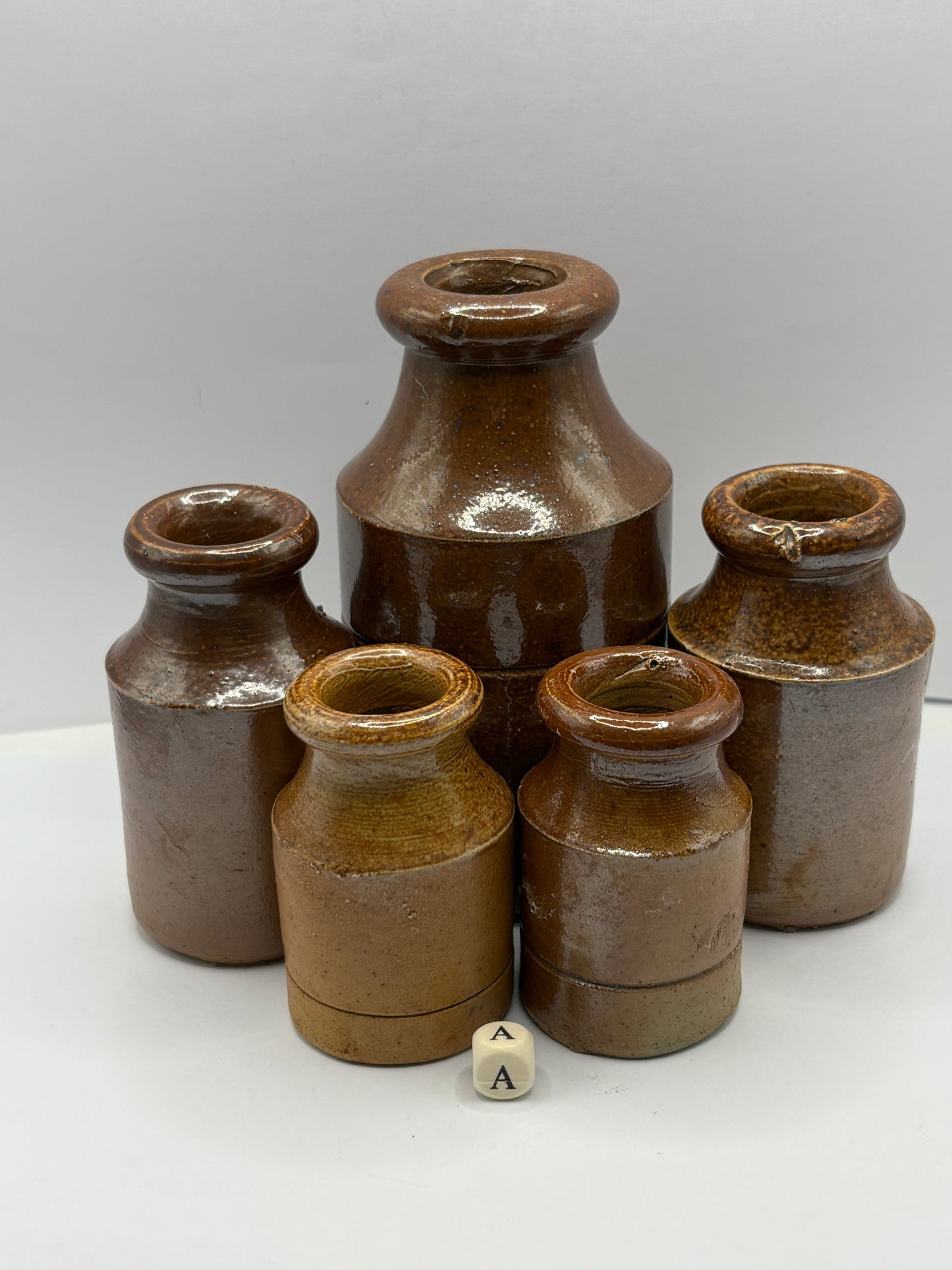 5 old brown stoneware pots (a)